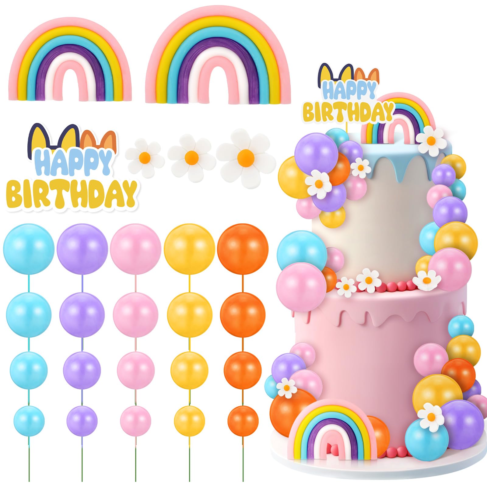 Photo 1 of (MISSING FEW HAPPY BDAY SIGN) Pcs Cake Toppers with Balls Daisy Rainbow Cake Topper, Blue Cake Topper Pastel Cupcake Toppers Cake Decorations for Birthday Wedding Groovy Party Supplies