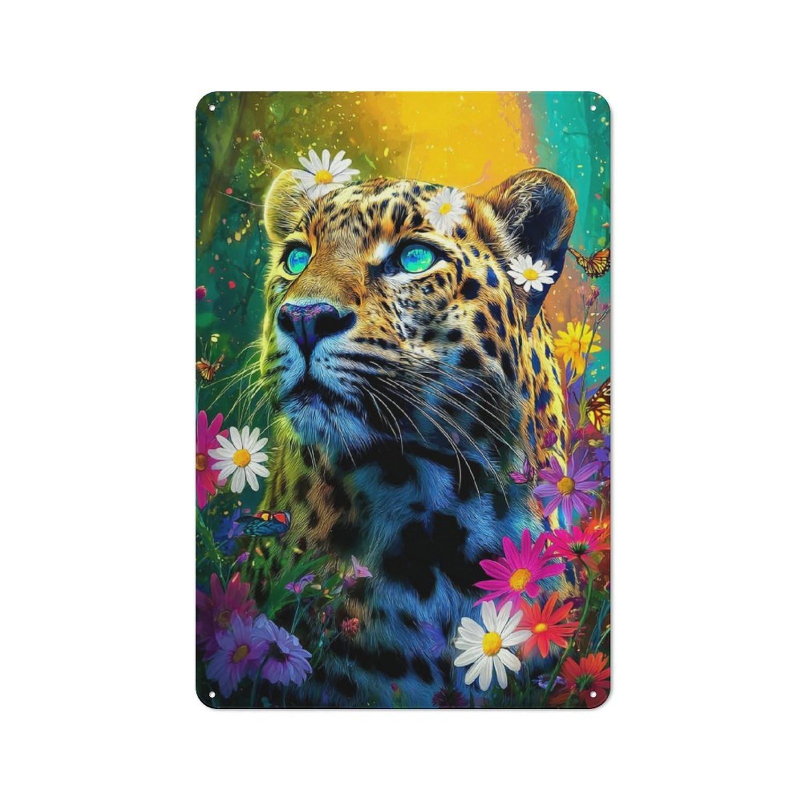 Junmoney Leopard In A Field Of Flowers -1 Rustic Metal Wall Sign 30X20cm For Kitchen Or Home Bar, For Garage, Workshop And Man Cave Decoration