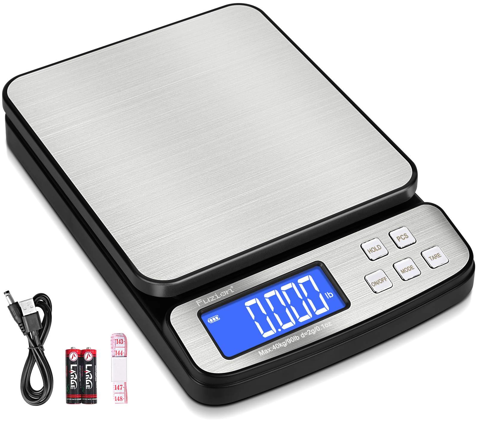 Fuzion Báscula postal de envío digital, 88 libras x 1 onza, plataforma de acero inoxidable, 5 unidades, conteo de tara/tara, fácil calibración, LCD grande, escala para paquetes, báscula de envío todo