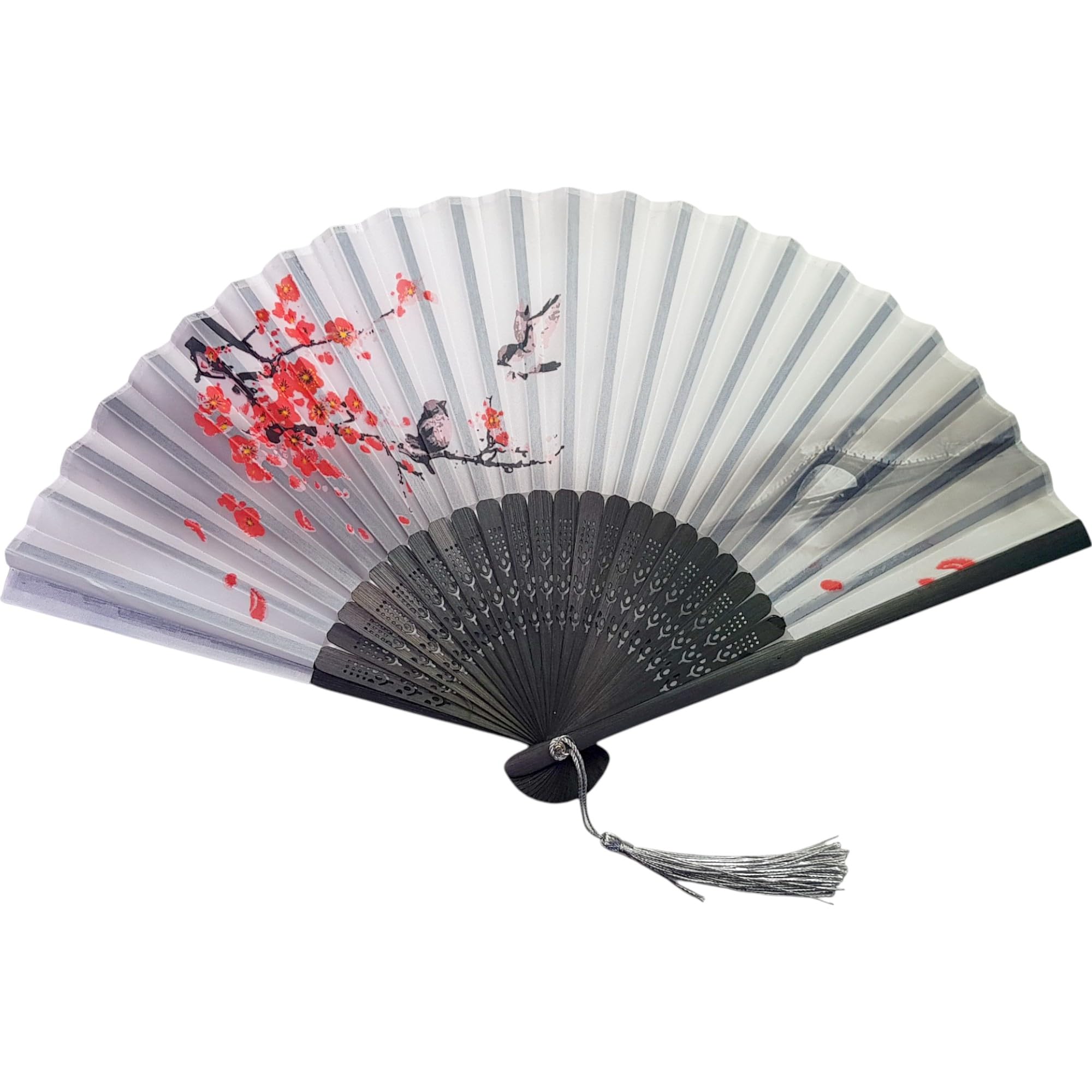 GFM® Bamboo and Silk Handheld Folding Chinese Hand Fan Wooden Wood Fans for Summer, Wedding, Party Favour etc -Birds- (FLSLK-CH-10) — image 1
