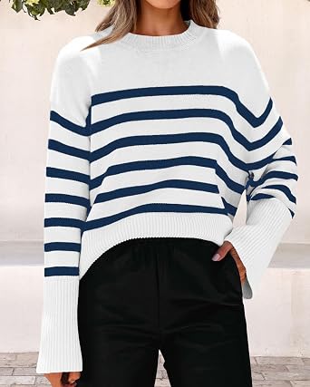 KIRUNDO Women's Striped Knit Oversized Fall Sweaters 2026 Trendy Clothes Crewneck Winter Pullover Sweater Side Split