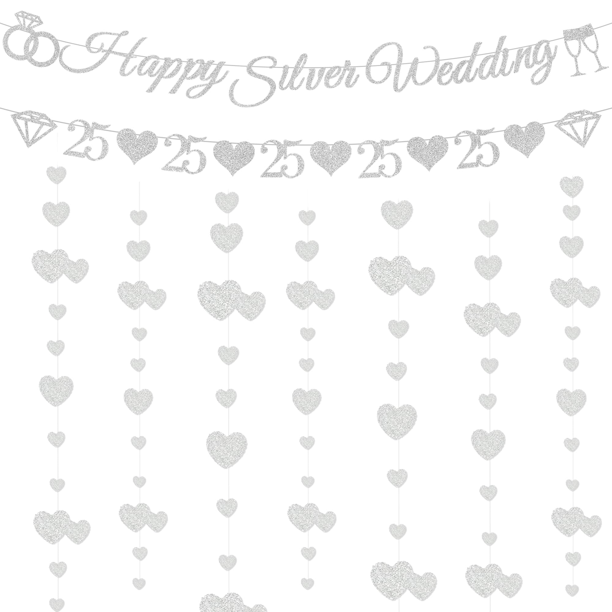 Happy 25th Wedding Anniversary Decorations - Silver Wedding Banner with Diamond and Number 25 Bunting, Glitter Hearts Garland 25th Silver Anniversary Party Supplies