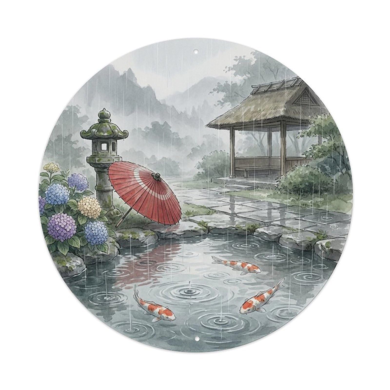 Rainy Day Koi Garden Pond Vintage Umbrella Wet Metal Tin Sign Plaque Wall Decor for Cafe, Man Cave, Club Bar, Office, Home Garden Round Metal Poster 8x8Inch