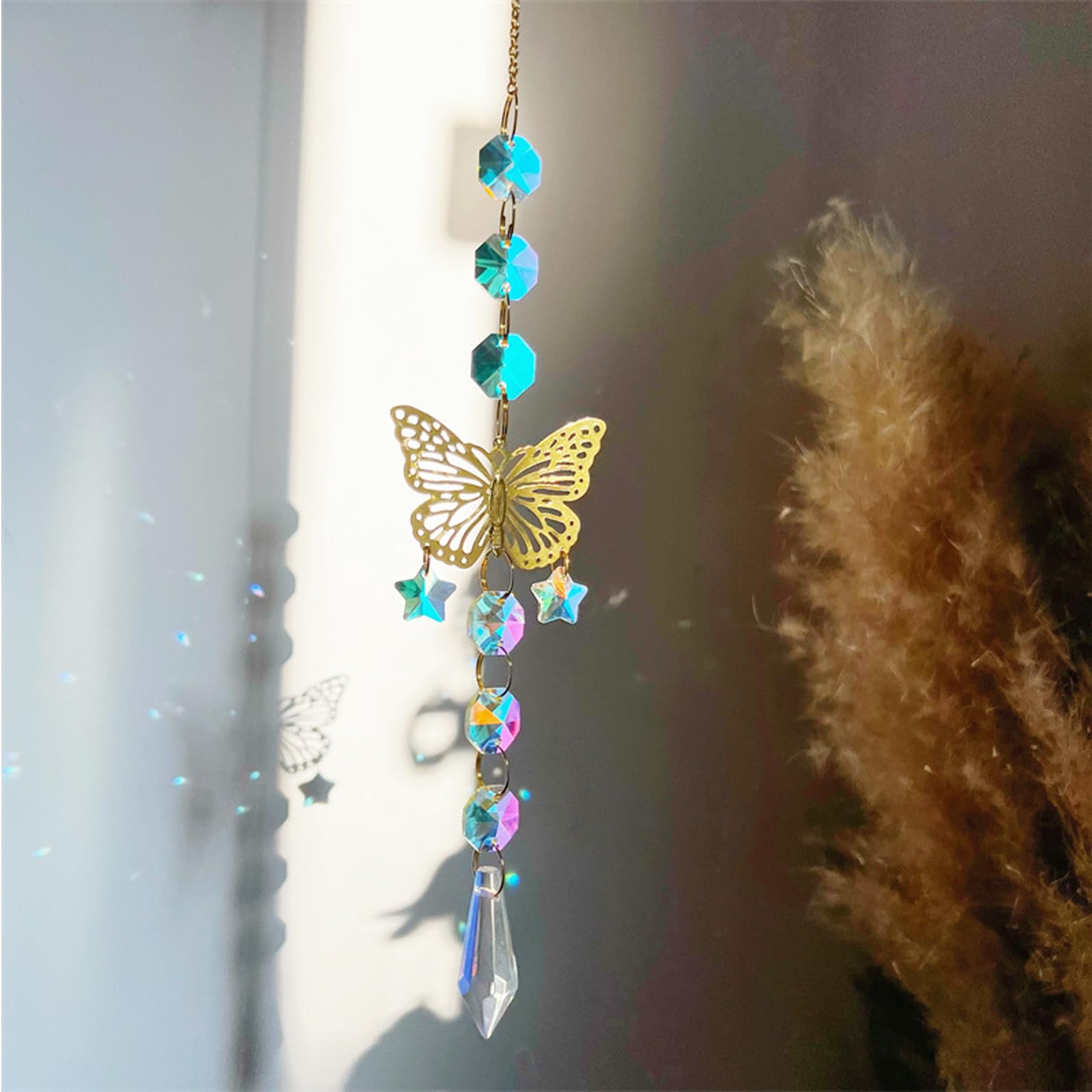 TYXHXTF 2 Piezas Atrapasoles de Cristal, Árbol de la Vida y Mariposa Campanas de Viento, Sun Catcher para Ventanas y Jardines, Prisma Colgante para Casa