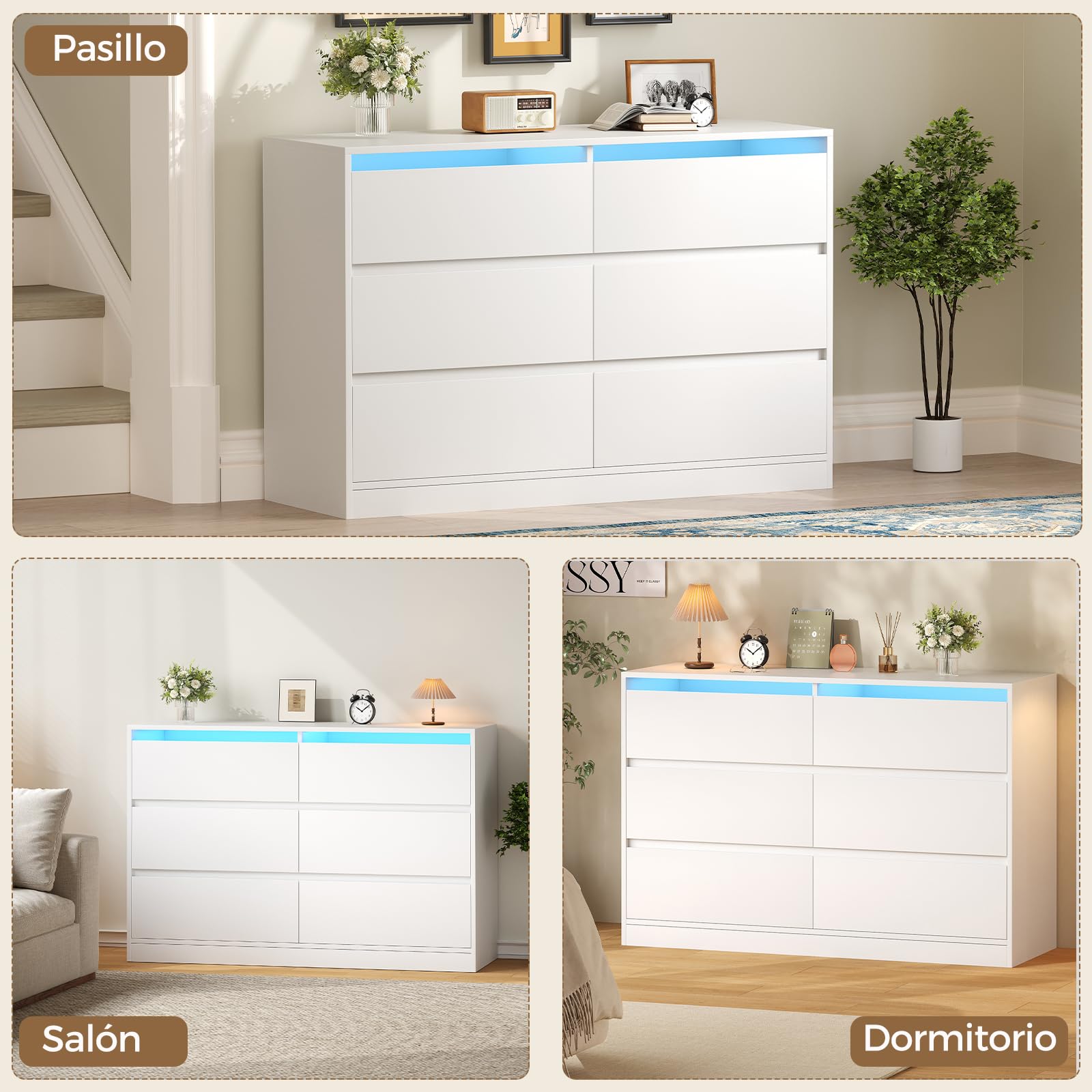 BEWISHOME Comoda Dormitorio con Luces LED,Cajonera Blanca con 6 Cajones | Comodas y Cajoneras,Cómoda Moderno para Pasillo,Salon,Tirador Oculto,40 x 75 x 108 cm EKCG08W