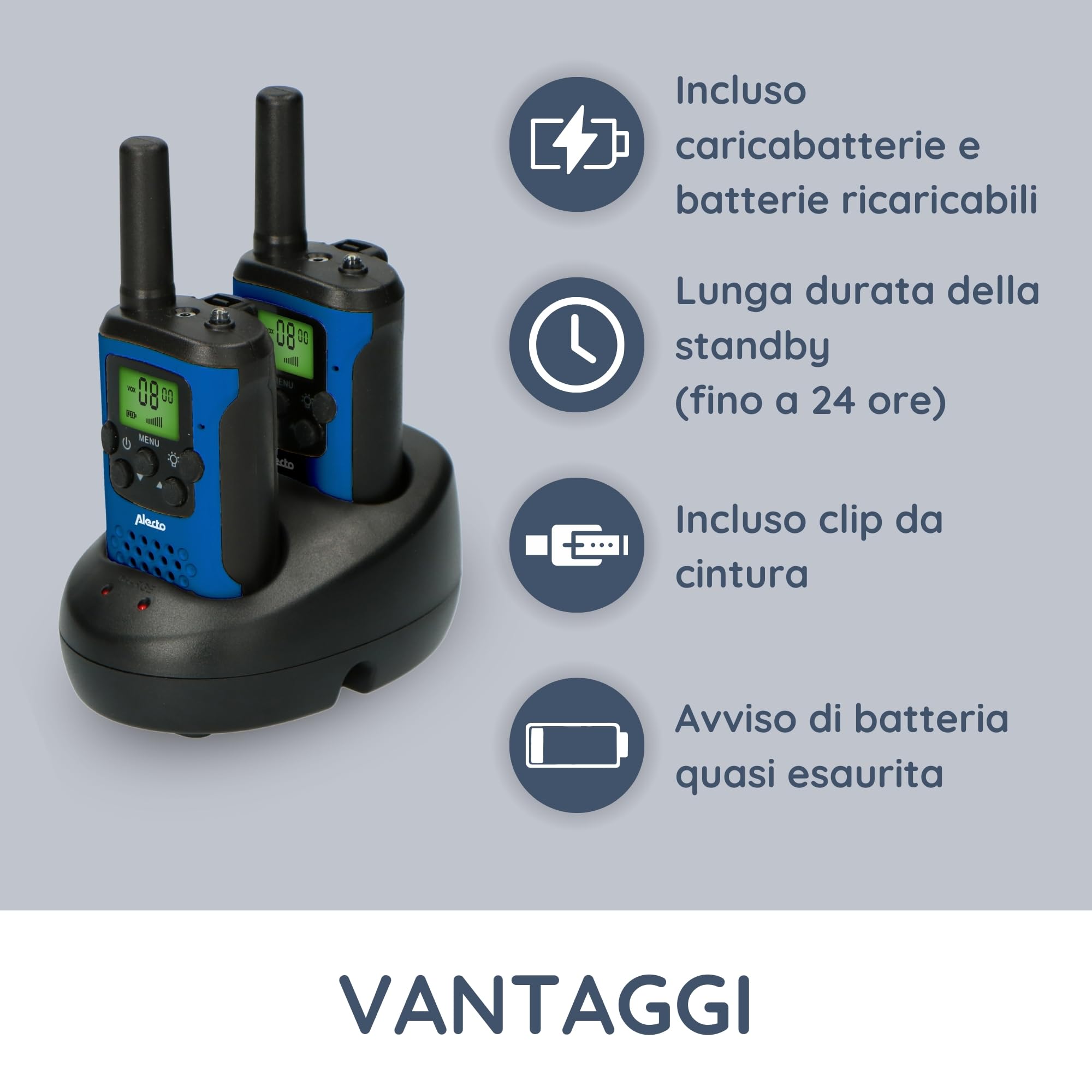 Alecto FR175BW Set di Due walkie Talkie - Talki Walki con Portata Fino a 7 km - Walky Walky per Bambini con 8 canali - Blu/Nero