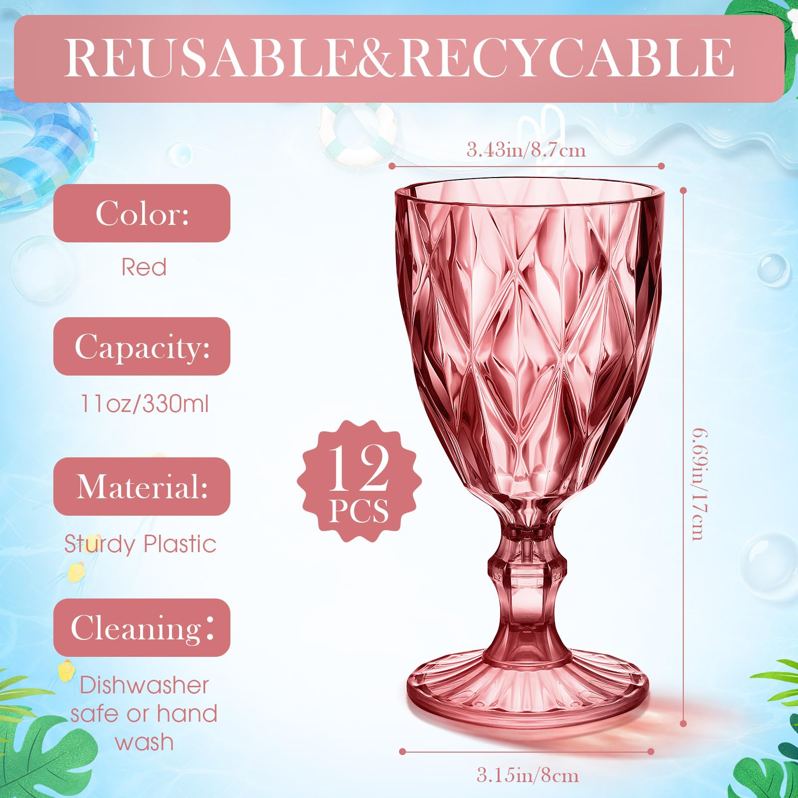 Tioncy 12 copas de vino de plástico vintage copas de agua irrompibles de 11 onzas, copas de vino reutilizables a granel, copa de champán para boda, recepción, ducha, bar, cumpleaños (rosa rosa)