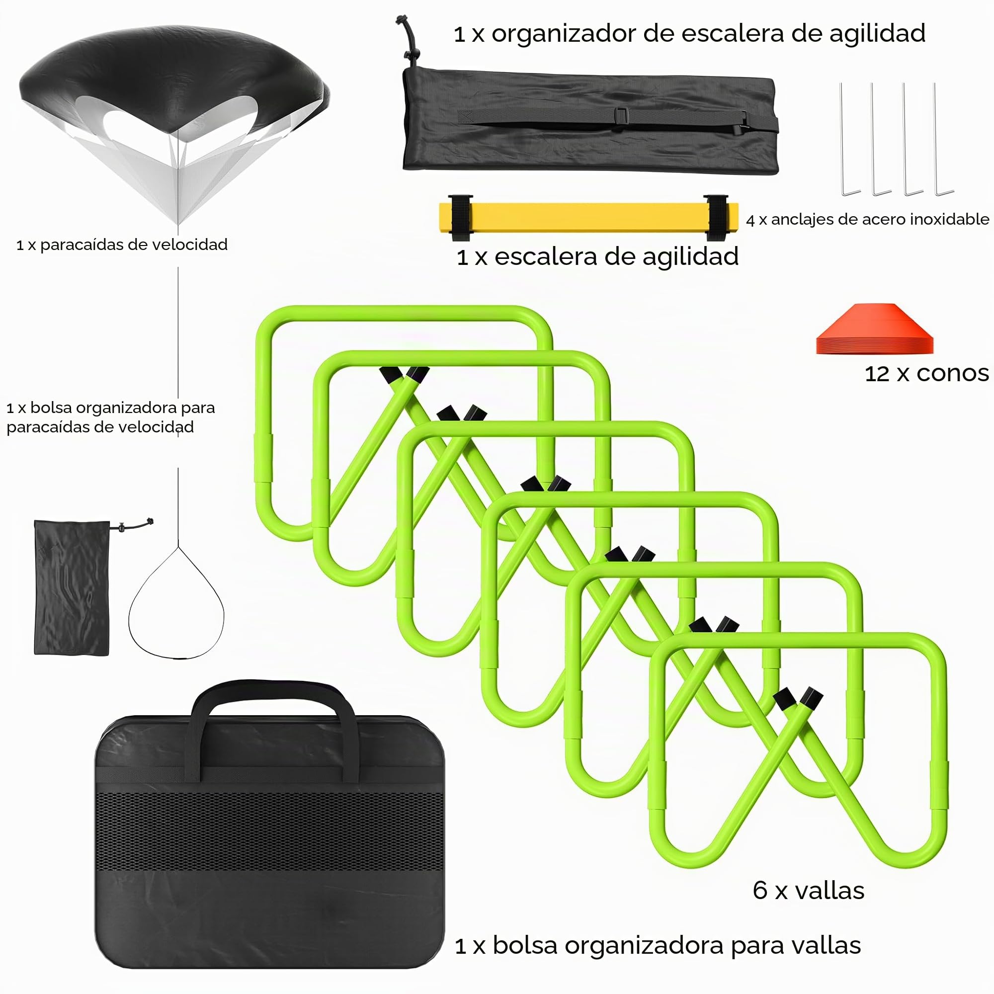 Set de entrenamiento de fútbol y deporte, accesorios de entrenamiento de agilidad, escalera de coordinación de 6 m, 12 conos, obstáculos de velocidad y bolsa de almacenamiento