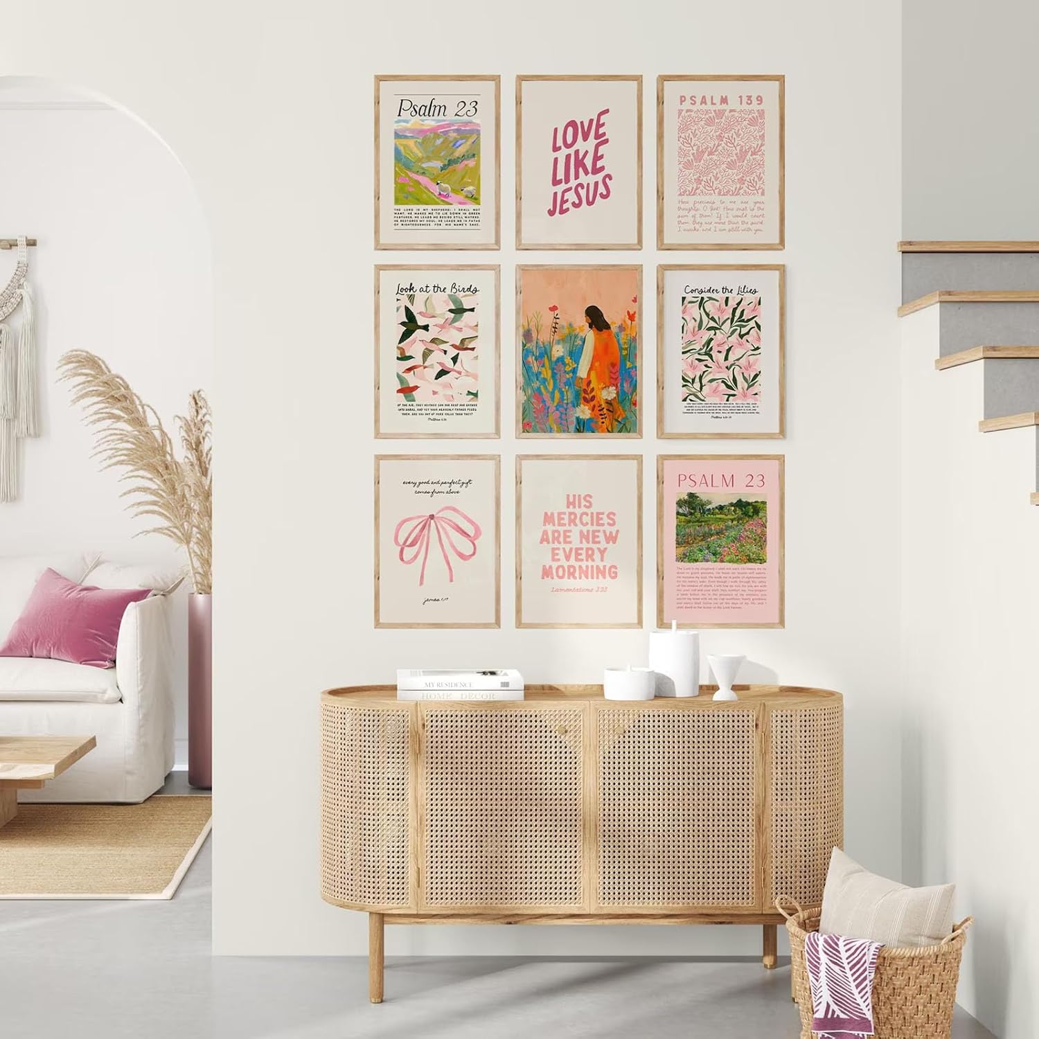 9pcs Christian Wall Art Bundle in Pink Bible Verse Paintings Pictures Wall decor Jesus Poster Printing Artworkfor Girls Room Christian Housewarming Gift Fashionable college style Home Decoration