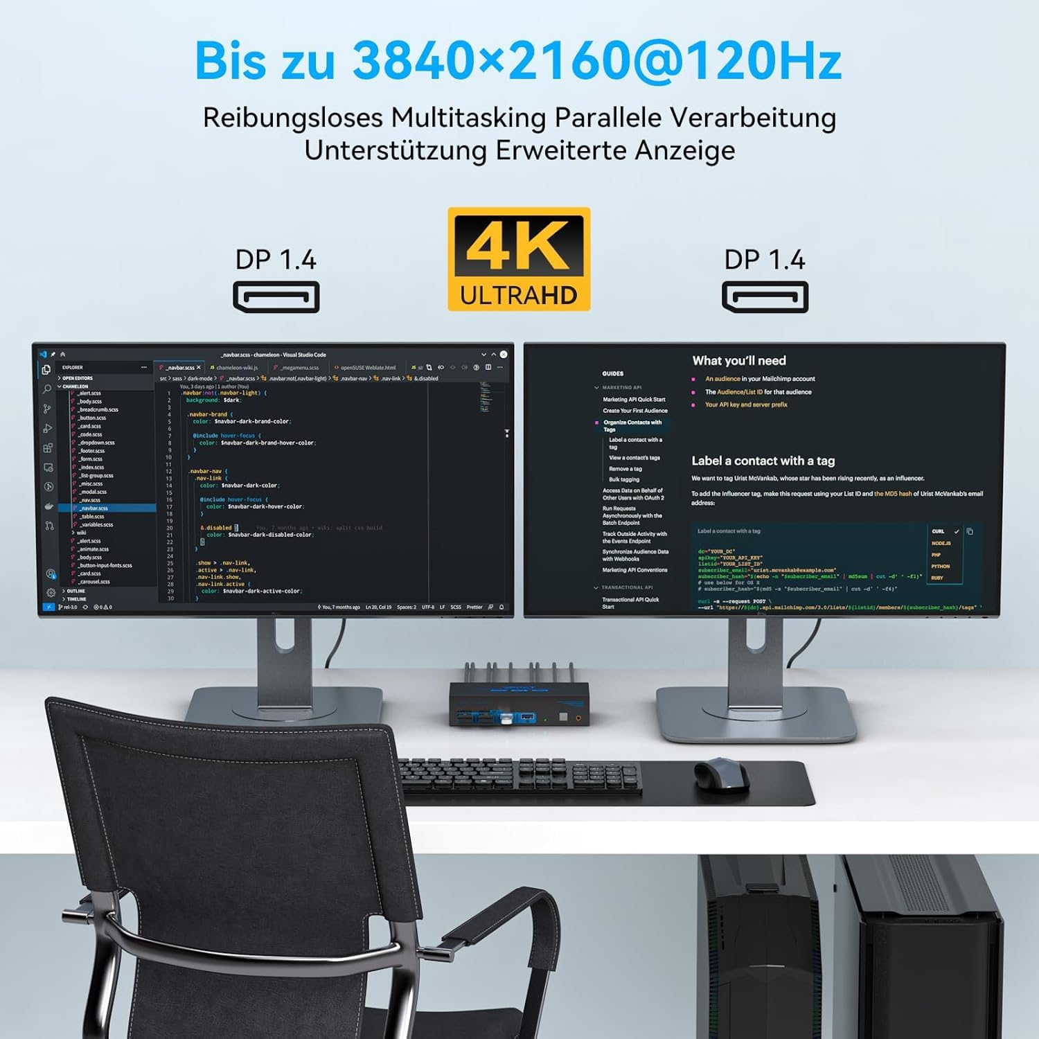 8K60Hz Displayport KVM Switch 2 PC 2 Monitore 4K@120Hz Conmutador KVM para 2 Ordenadores, Comparte 2 Monitor y 4 Dispositivos USB con 2 Cables USB 3.0 y Control de Escritorio