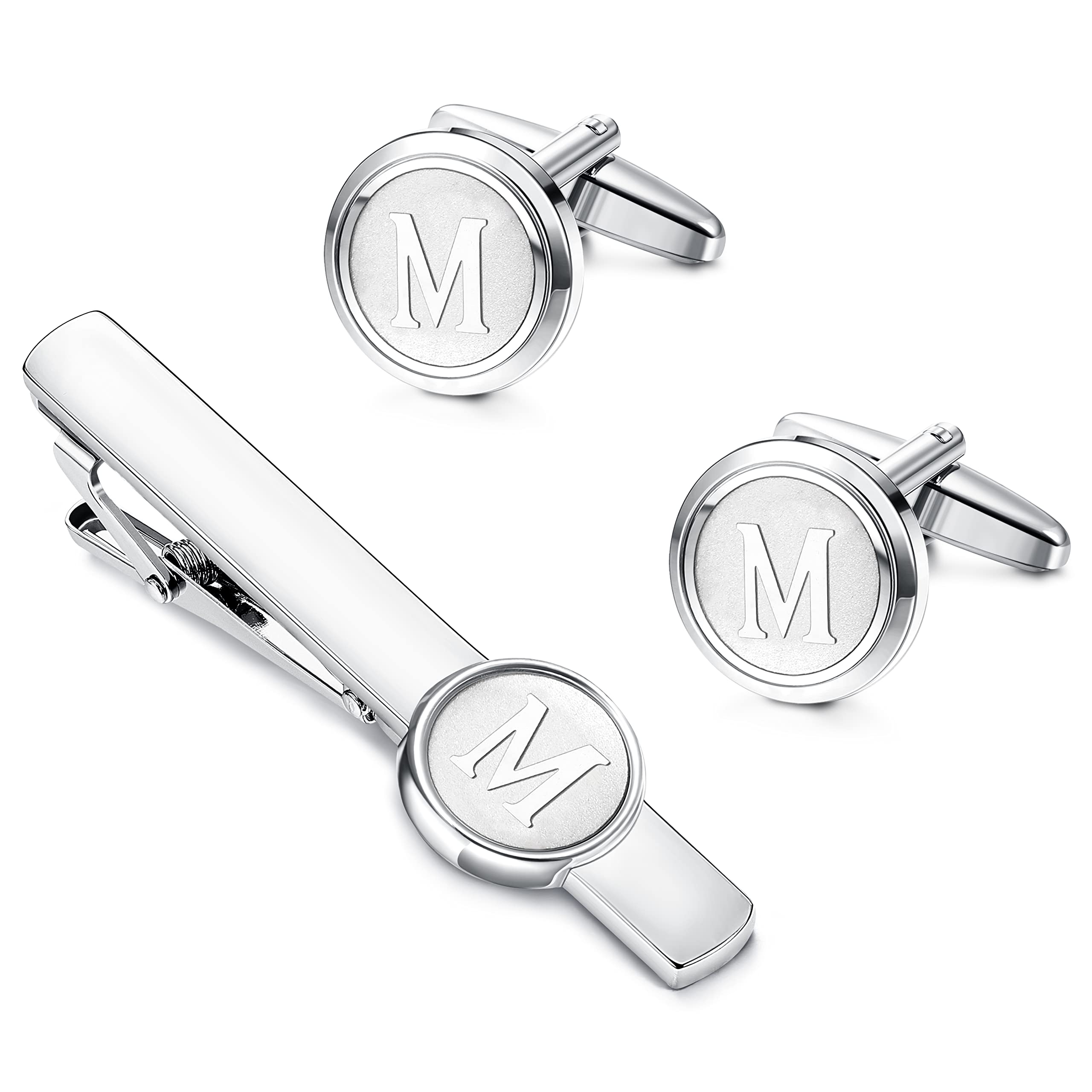 THUNARAZInitial Cufflinks and Tie Clip Set for Men Personalized Alphabet A-Z Cuff Links and Tie Bar with Gift Box for Business Wedding Shirts Suits
