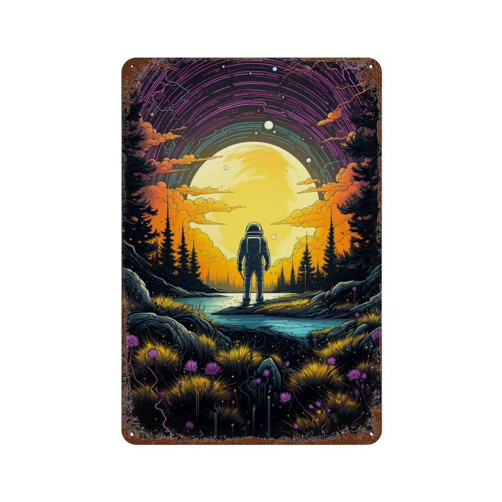 Astronaut Forest Sunset Retro Metal Sign 11.8"x7.9", Novelty Wall Decor for Farmhouse, Kitchen And Entryway Decor