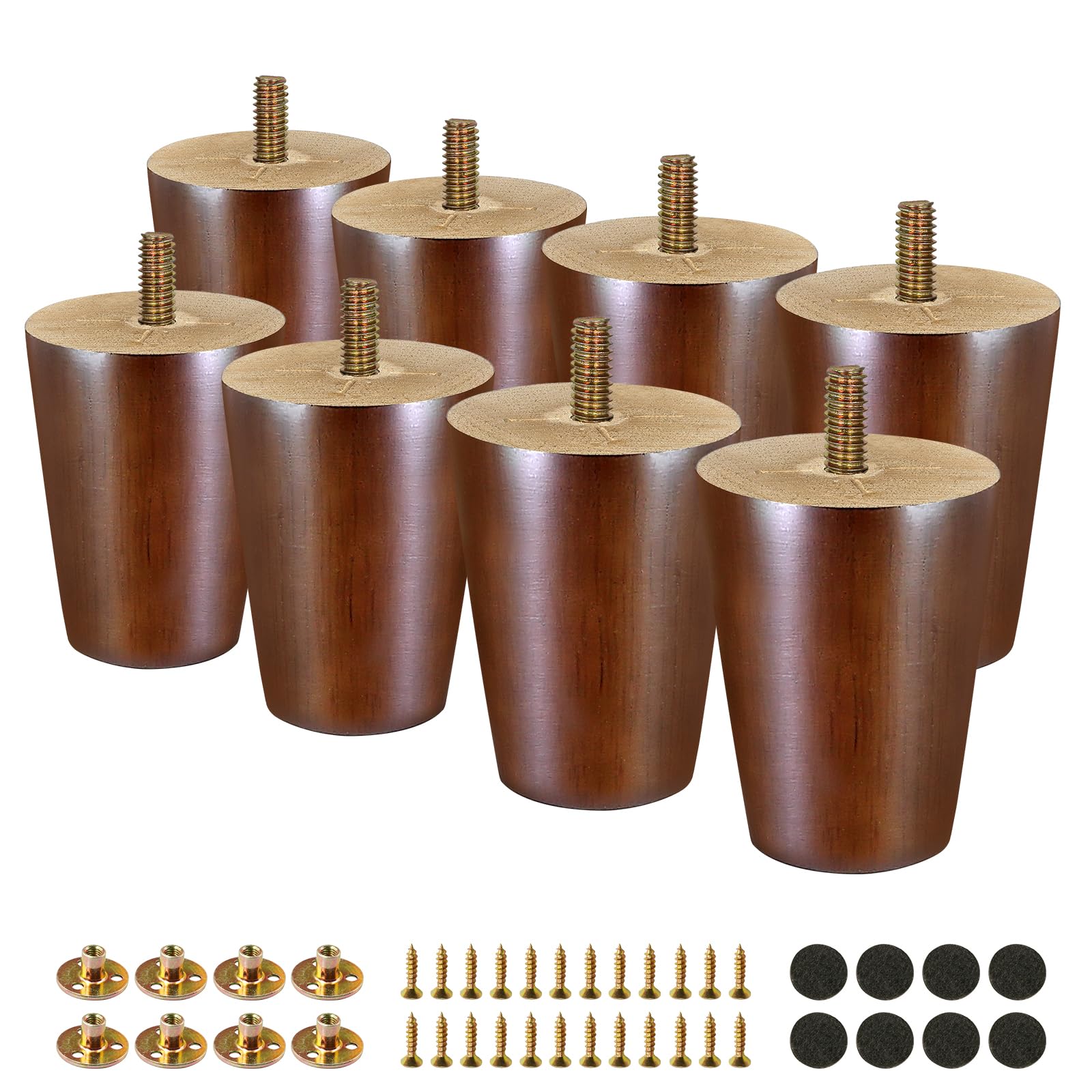 FoDau770 Brown Rubber Wood Furniture Legs 3 Inches, Straight Tapered Wood Feet Mid Century Sofa Legs Set of 8, 5/16" UNC Furniture Feet for Cabinet