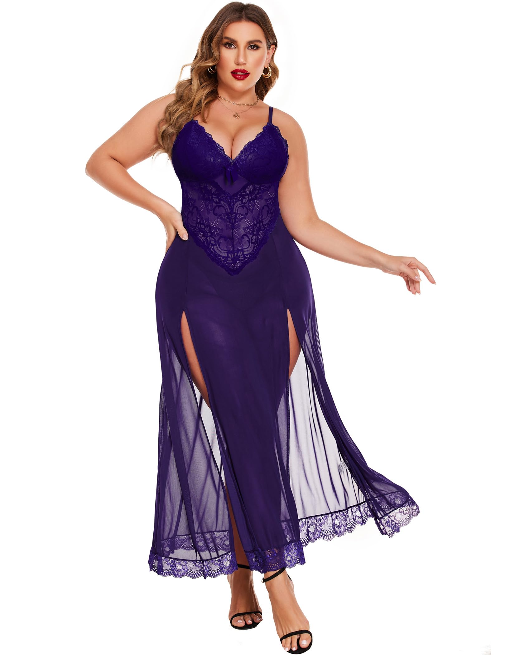 Alrovetoney Plus Size Lingerie For Women Babydoll Sexy Mesh Maxi Nightdress Exotic Sleepwear Side Slits: Purple 3X-Large