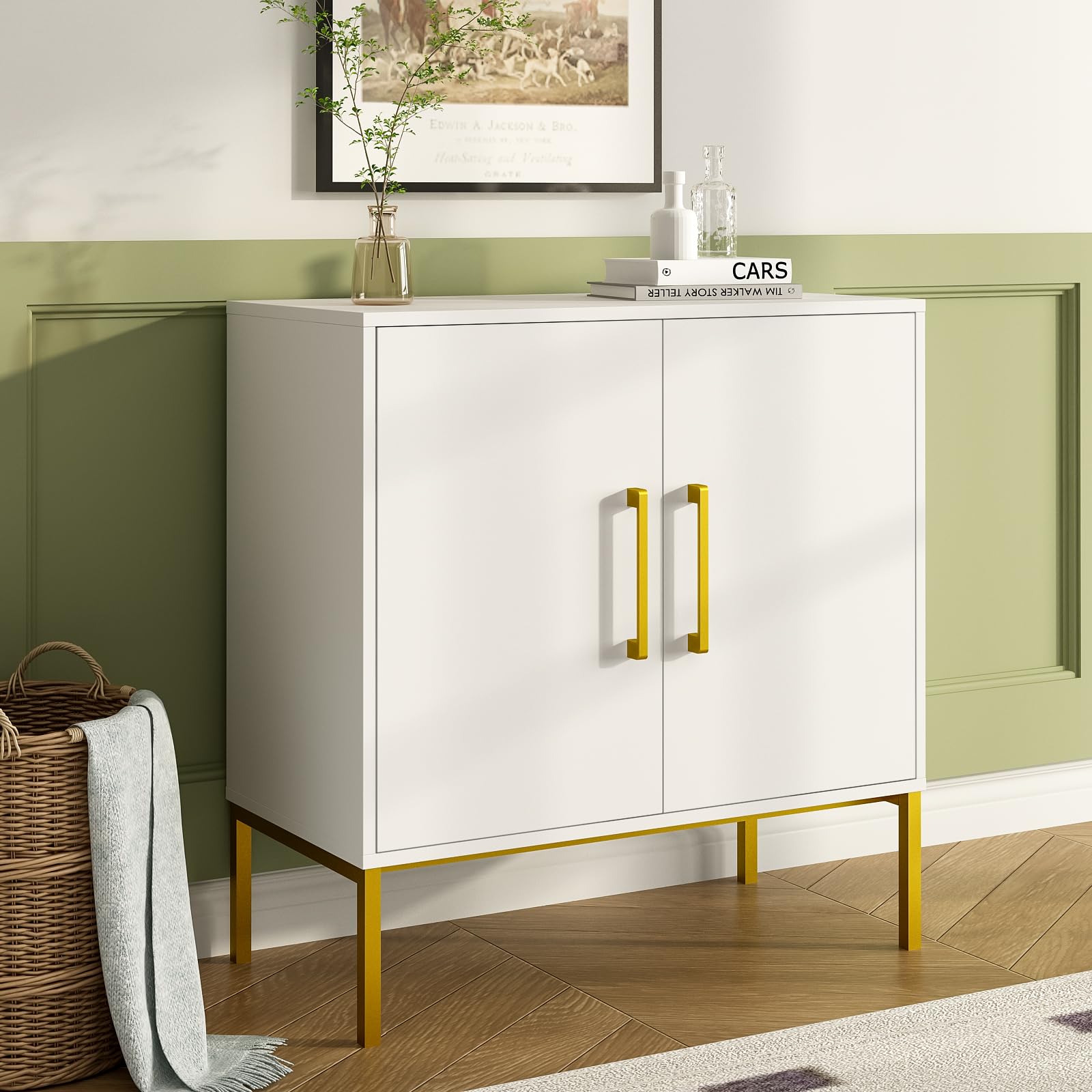 JOZZBY Storage Cabinet with Doors, Free Standing Buffet Cabinet, Modern Wooden Sideboard, White Side Cabinets for Bedroom, Living Room, Kitchen,