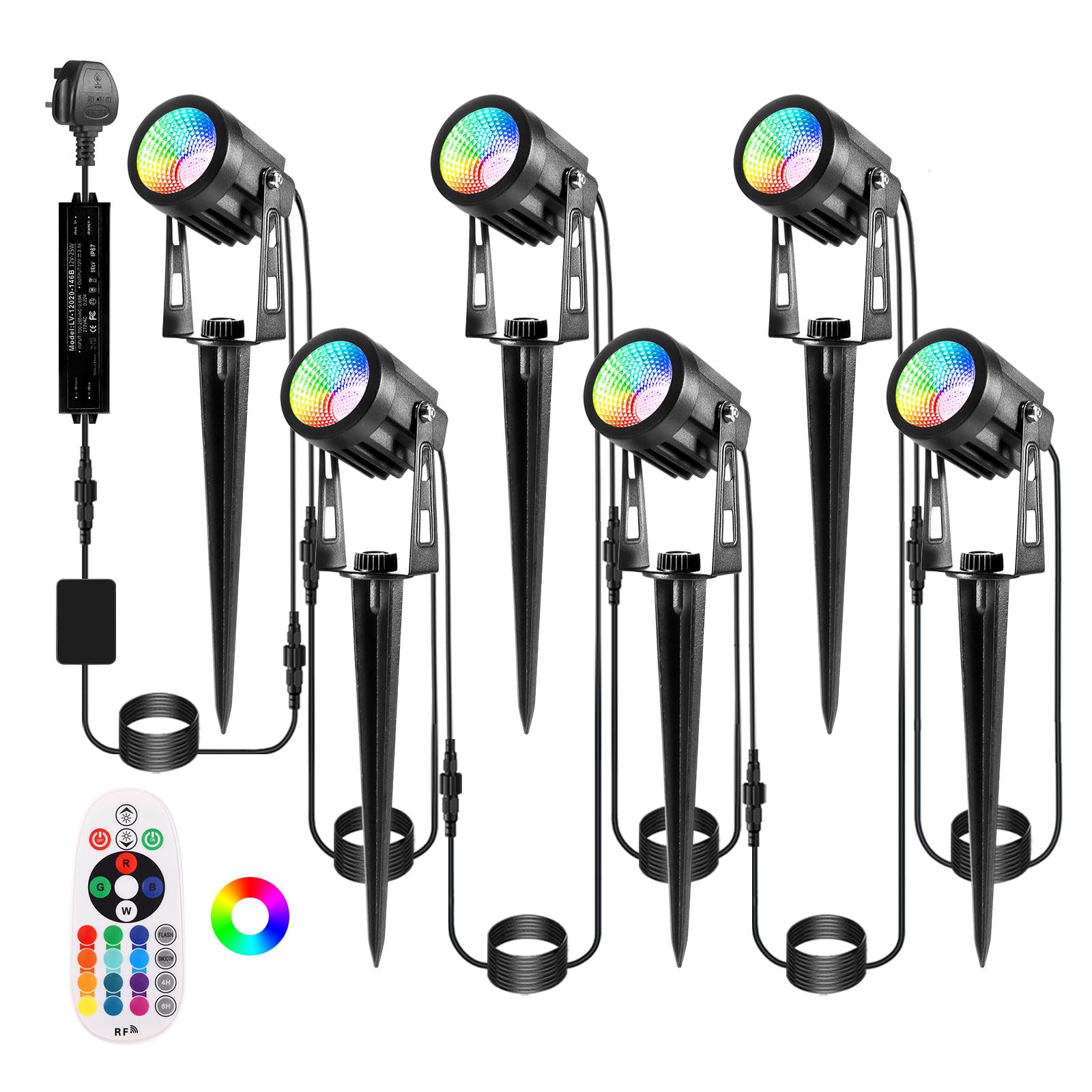 ECOWHO Garden Spotlights Mains Color Changing Outdoor Garden Spike Lights IP65 Waterproof 20m Extendable Xmas Spot Lights 12V Garden Lights Timer Remote for Holiday Decor(Cool White&RGB)