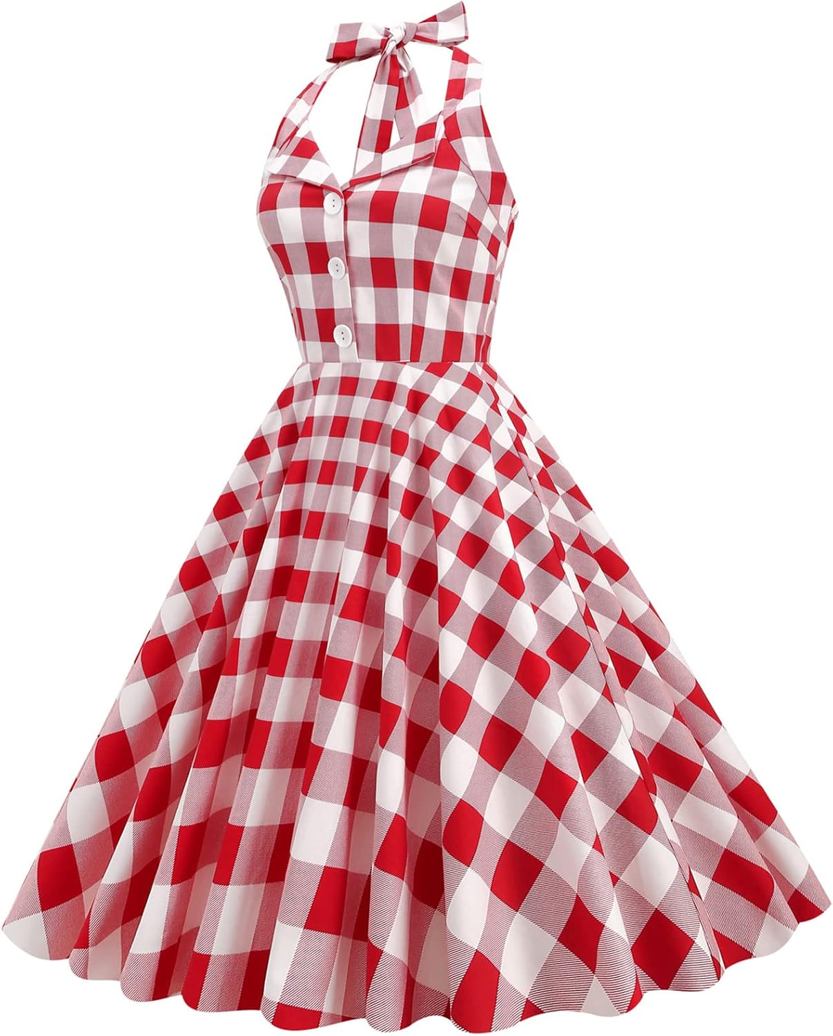 Women Halter Neck 50s Vintage Polka Dots Cocktail Swing Dress Retro Button Check Gingham Dress Pin up 1950s Audrey Rockabilly Prom Dress Bandage Backless Wedding Evening Party Dress Red Plaid L - Image 3