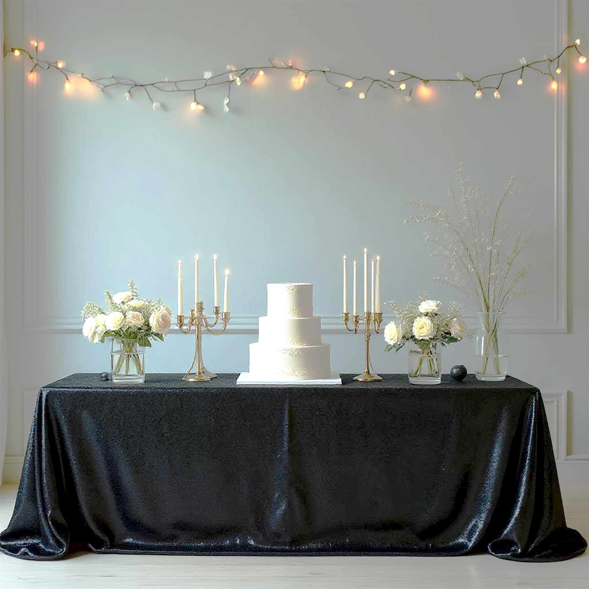 Trimming Shop 5pcs Black Sequin Tablecloth 70" x 108" Rectangle Shiny Sequin Sparkly Tablecover for Parties Wedding Reception Banquets Birthday Baby Shower Festival Ceremony Cake Dessert Tablecloth — image 1