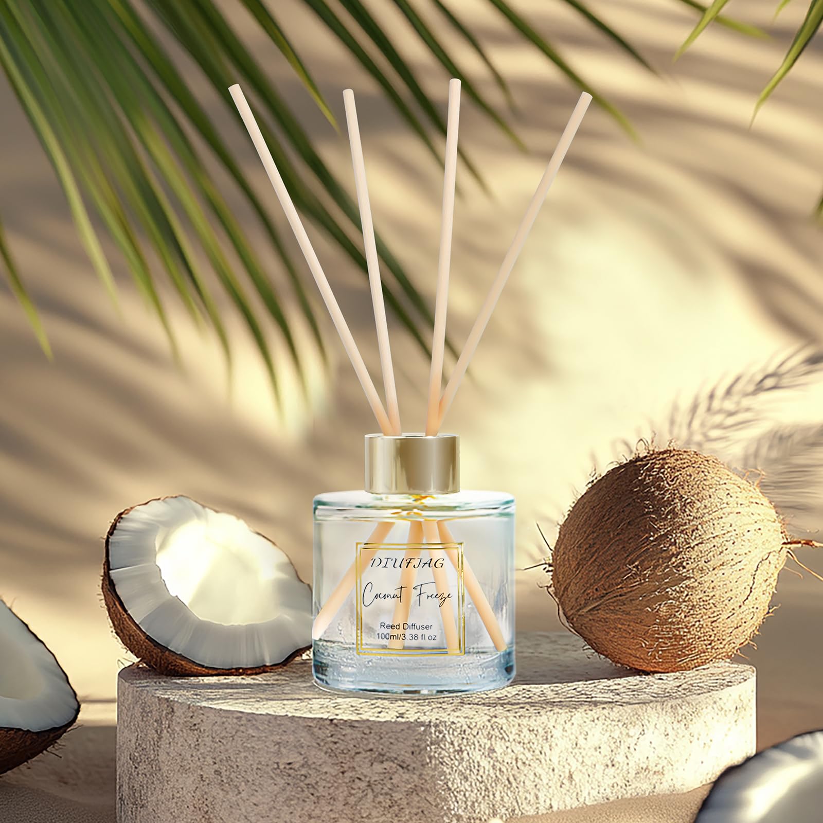 DIUFJAG Profumo per Ambienti, 2 x 100ml,Noce di Cocco/Pesca,Peach Coconut Con 10 Bastoncini Profumati per Aromaterapia,Diffusore per la casa,Reed Diffuser Per Camera da Letto,Ufficio,Bagno,Scaffale