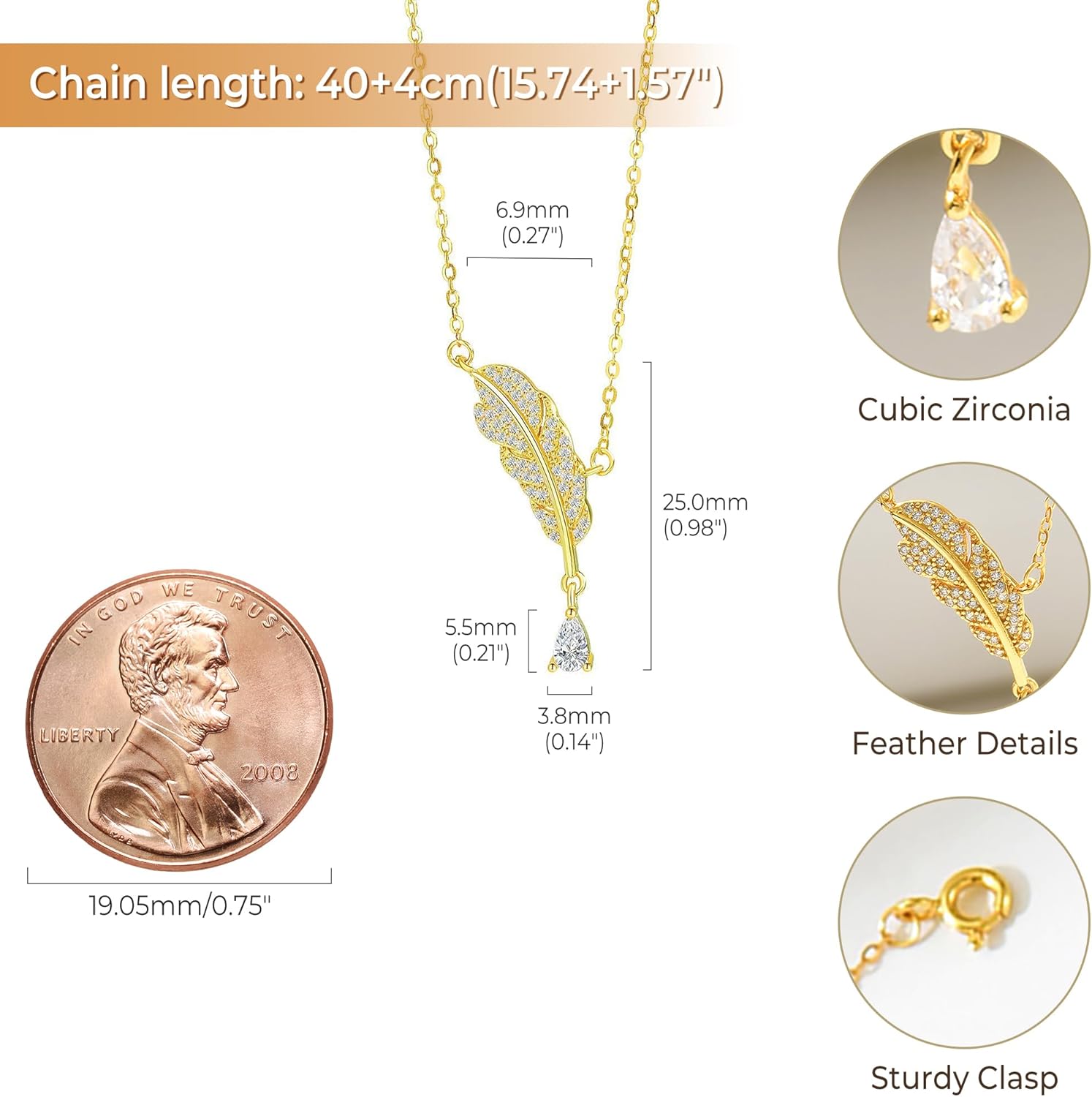 LOVECOM 925 Sterling Silver Boho Feather Necklaces for Women Dainty 14k Gold Plated Tear Drop Cubic Zirconia Pendant Necklace Cute Wings Western Jewelry Birthday Gifts to Daughter Friends - Image 4