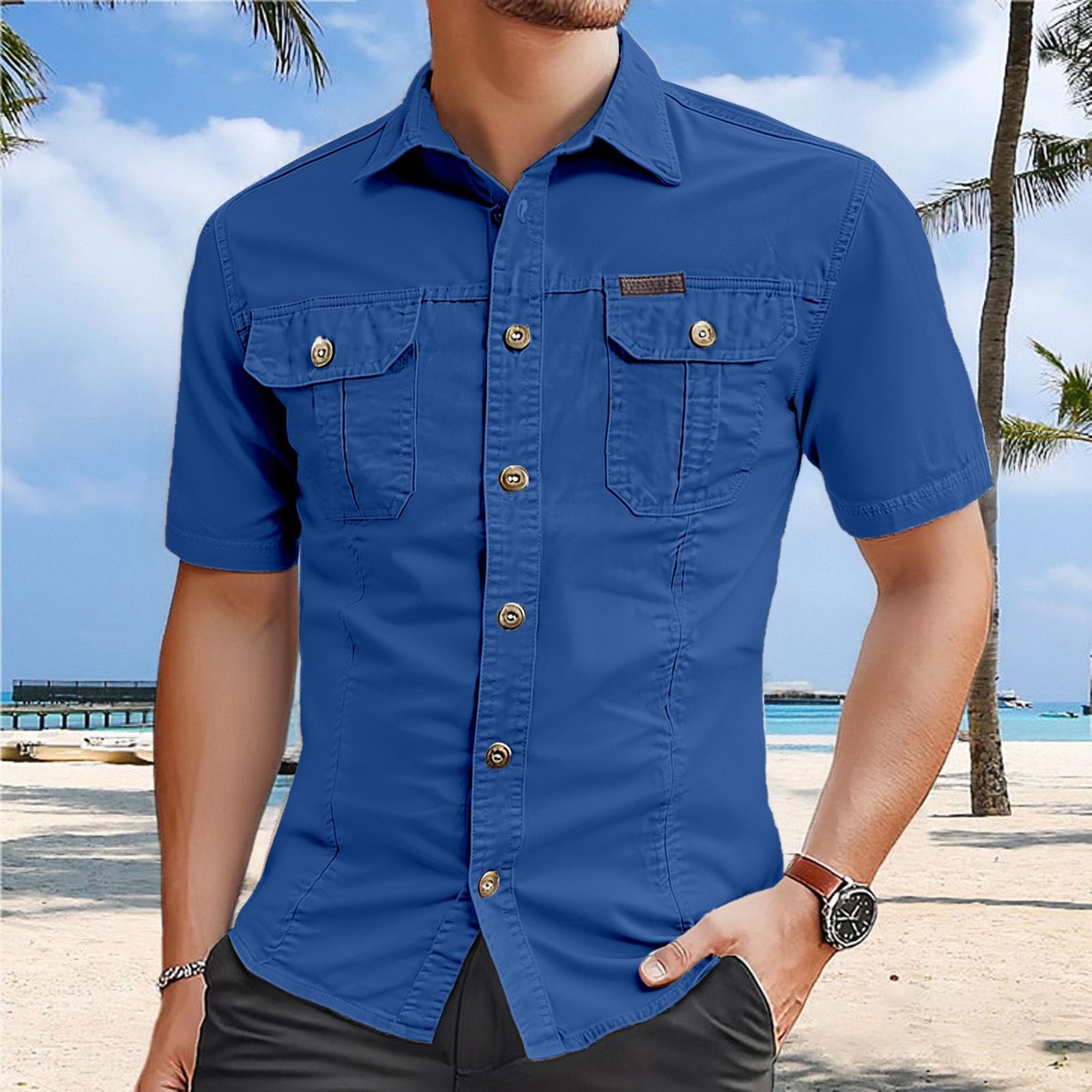 Chemise Homme, Chemises Décontractées Slim Fit pour Hommes avec Poches pour Un Usage Quotidien, Vêtements D'Été Confortables Et Élégants, Résistant À l'usure