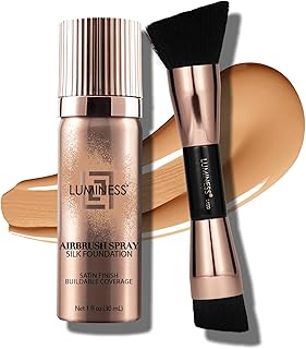 LUMINESS Silk Airbrush Spray Foundation 2-PC Kit - Foundation & Dual-Sided Angled Makeup Brush - Buildable Coverage, Anti-Aging Formula, Humidity Resistant, Hydrates & Moisturizes, Medium