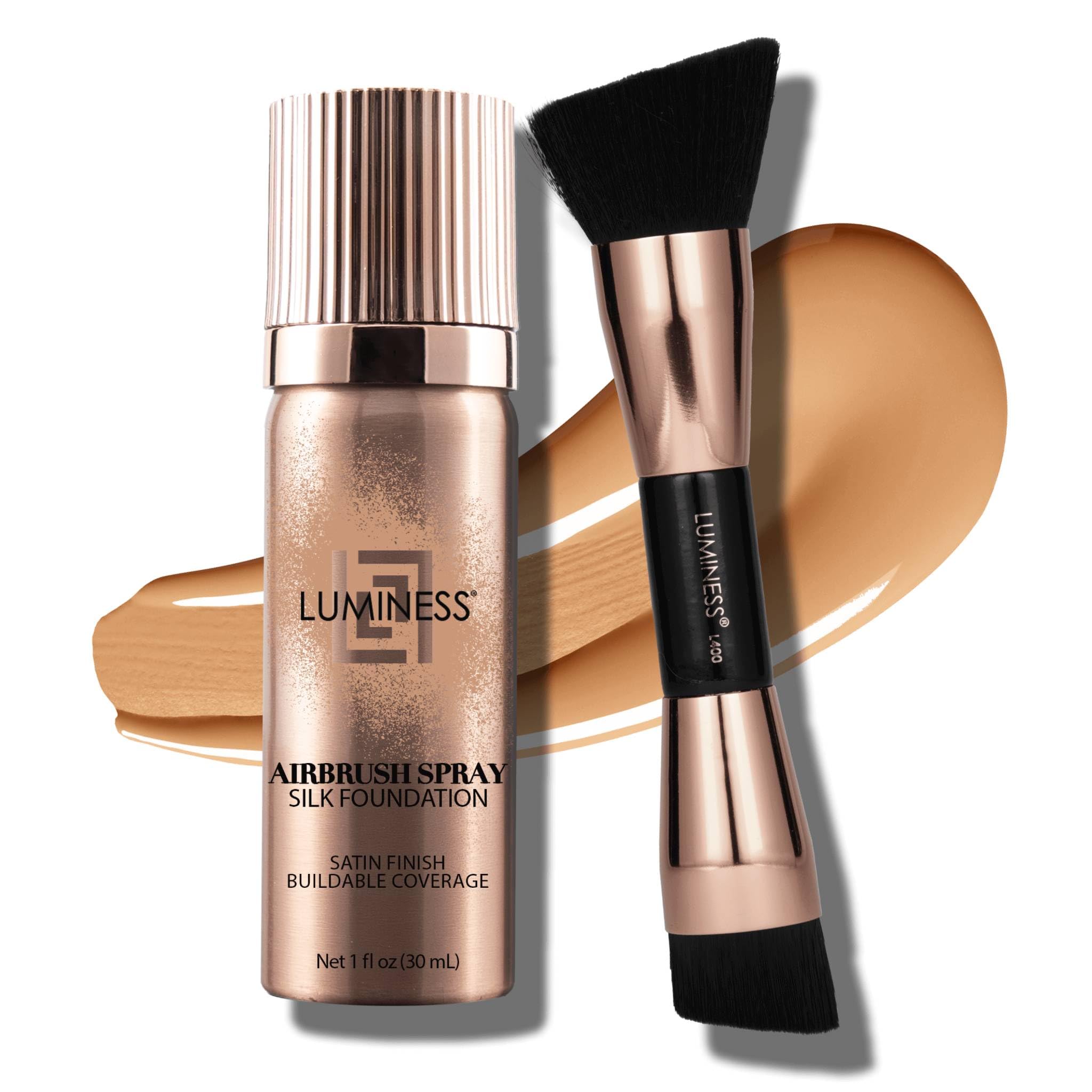 LUMINESS Silk Airbrush Spray Foundation 2-PC Kit - Foundation & Dual-Sided Angled Makeup Brush - Buildable Coverage, Anti-Aging Formula, Humidity Resistant, Hydrates & Moisturizes, Medium