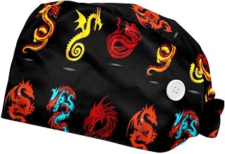 Abstract Religion Dragon Symbols Set Isolated 2 Pack Adjustable Working Cap with Buttons Elastic Bouffant Hats Head Scarf with Sweatband for Women Men