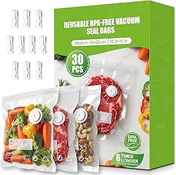Babacom 30 Pcs Sac Sous Vide Alimentaire Réutilisable avec Valve d’Air & 10 Pinces – Moyen (26 x 28 cm), Sachet Congelation Sans BPA, pour Conservation des Aliments, Micro-ondes, Cuisson Sous Vide | Pour Machine à Tuyau, Pour Portatives, Triple Anti-Fuite, Lave-Vaisselle, Anti-Perforation, Double Zip