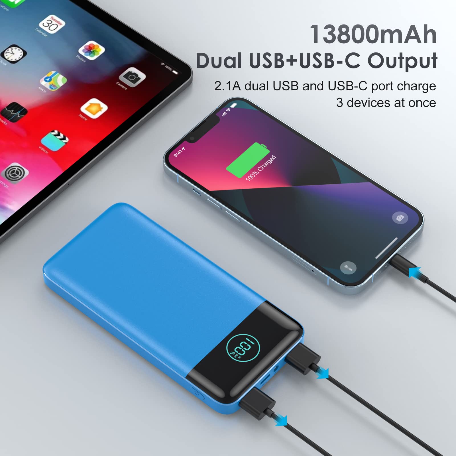 AXNEB Power Bank 13800mAh,Ultra Sottile & Leggero Caricatore Portatile con Display LCD,3A PD USB C Ingressi&Uscite Powerbank con Torcia LED Batteria Esterna per iPhone Samsung Huawei Xiaomi-Blu