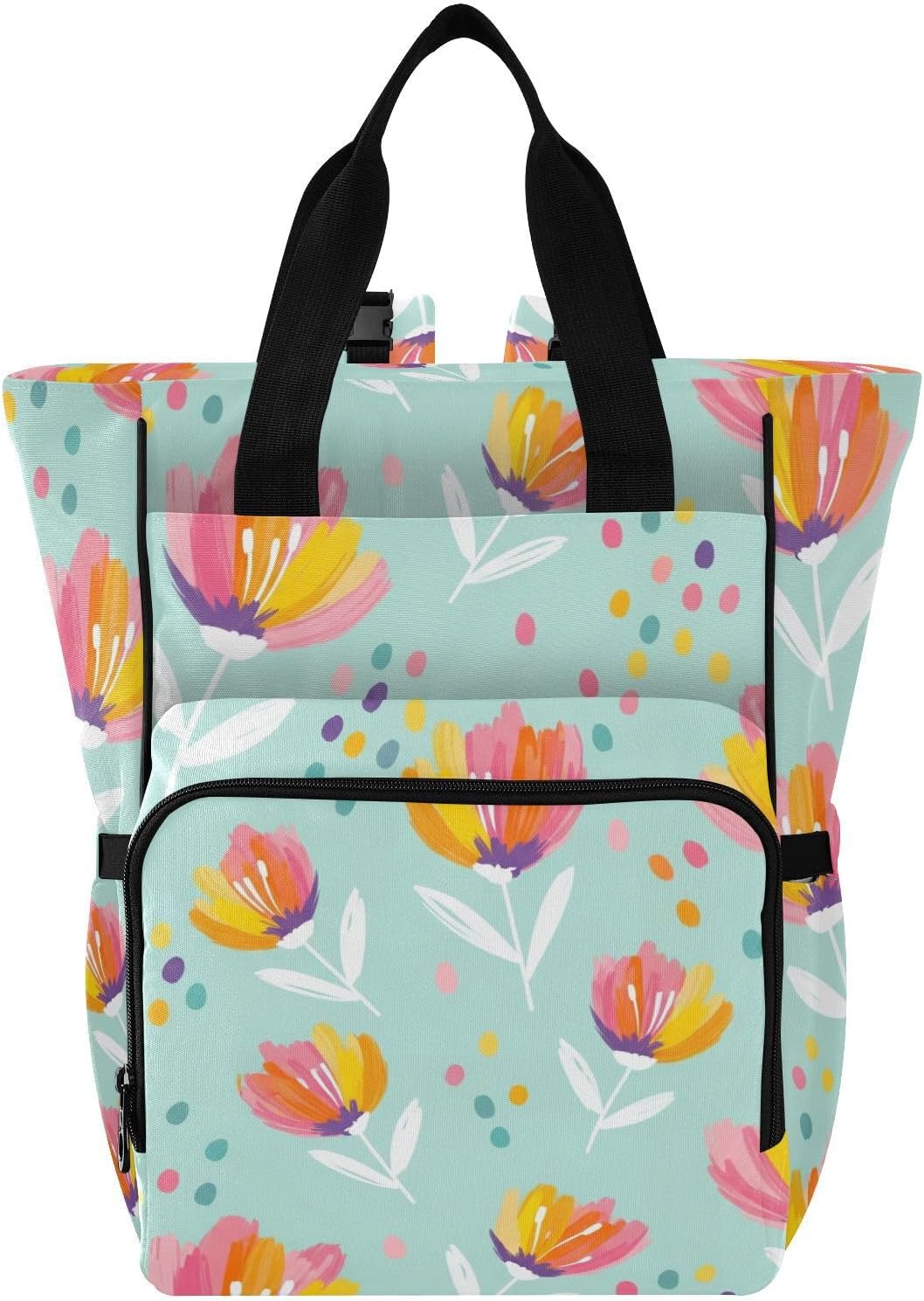 SPRIPORT Watercolor Flowers Dots Teal Print Diaper Bag Backpack for Baby Boys Girls Multifunction Baby Essentials Travel Tote with Stroller Straps & Bottle Storage Maternity Travel Bag for Baby Gifts