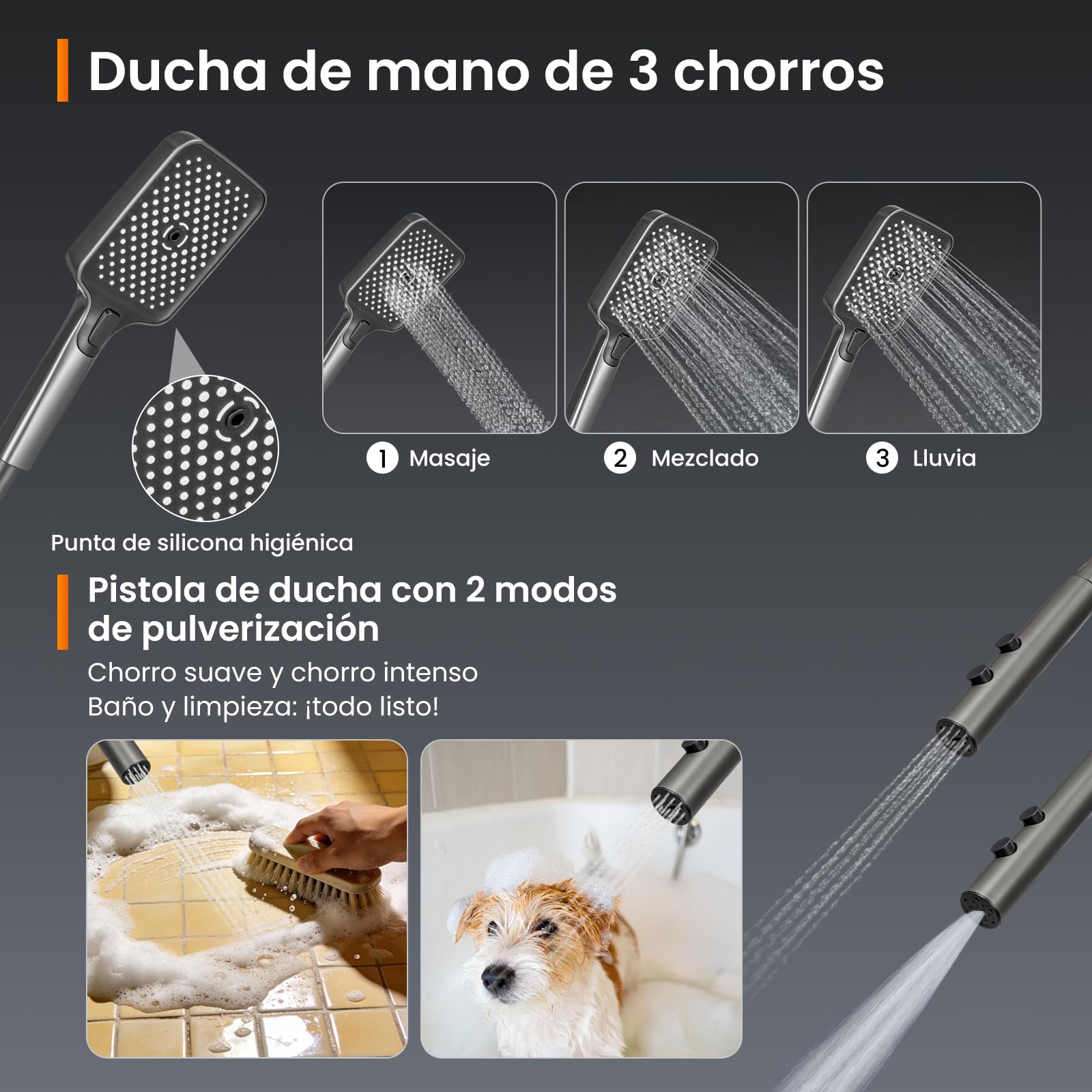Columna de Ducha Termostática LED Negro Mate Cabezal Lluvia 20x30 cm Alcachofa 3 Modos Pistola Spray 2 Funciones Altura Regulable Giro 360°