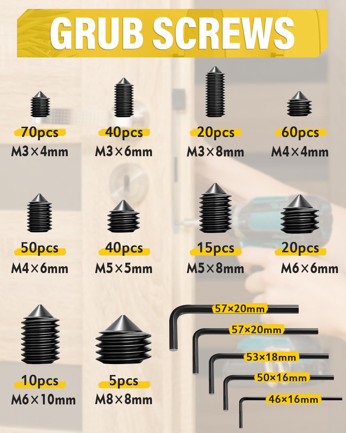 330 Pcs Grub Screws Set,Caianwin 12.9 Grade Carbon Steel Cup Point Hex Screw Set Metric Screws with Allen Key Wrench For Door Handles,Faucet,Light - Image 3
