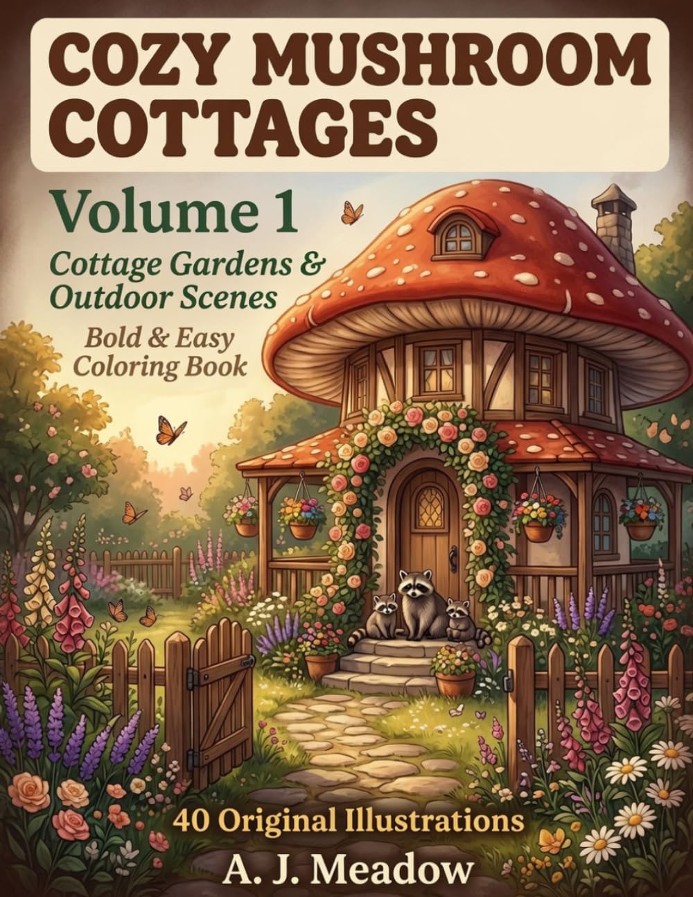Cozy Mushroom Cottages: Cottage Gardens & Outdoor Scenes — Bold & Easy Coloring Book