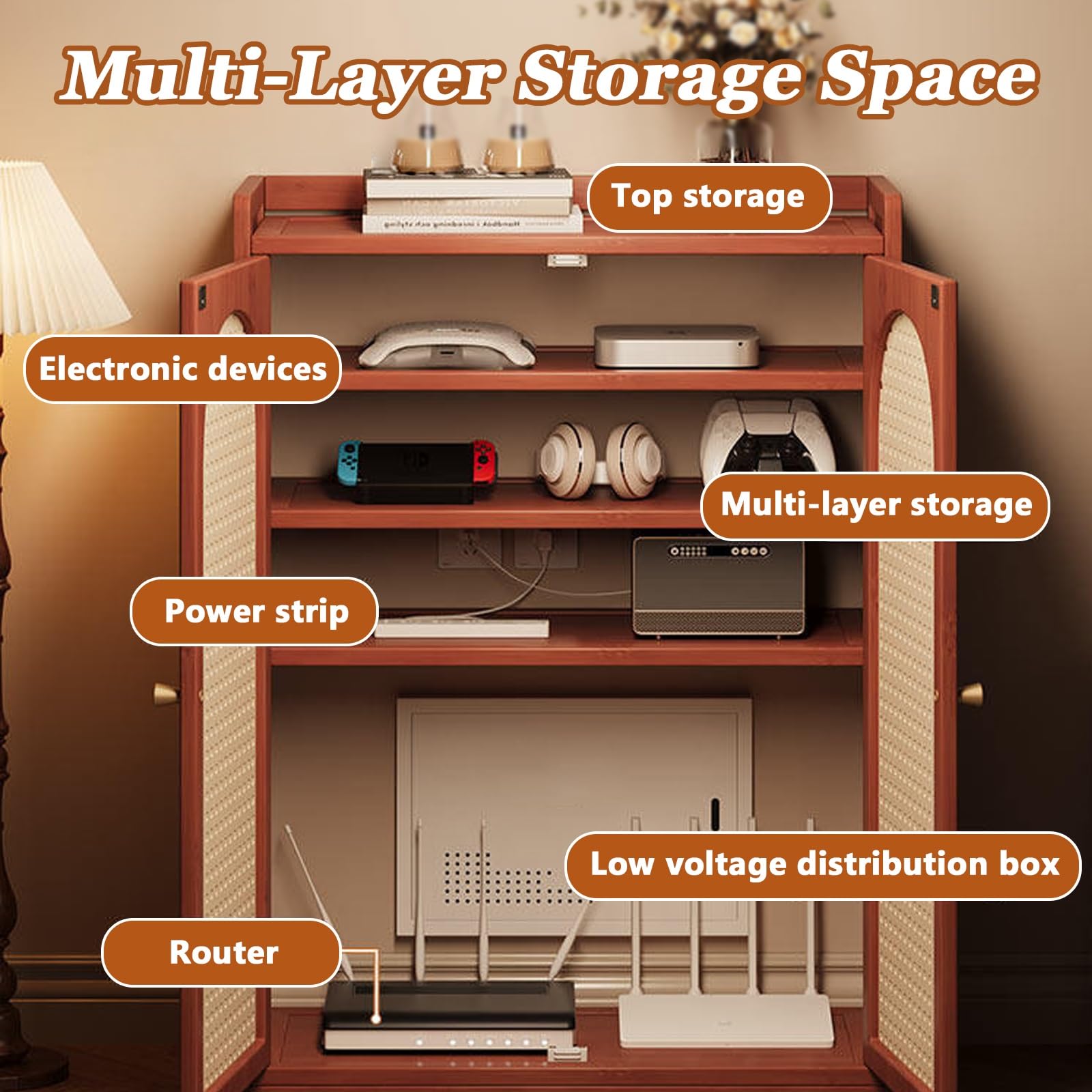 Mobile Porta Router WiFi con Ripiani Regolabili,Armadietto Modem da Terra In Rattan Di Bambù con Gestione Dei Cavi E Design Ventilato,per Casa E Ufficio(Cream White,59 * 27 * 82cm)