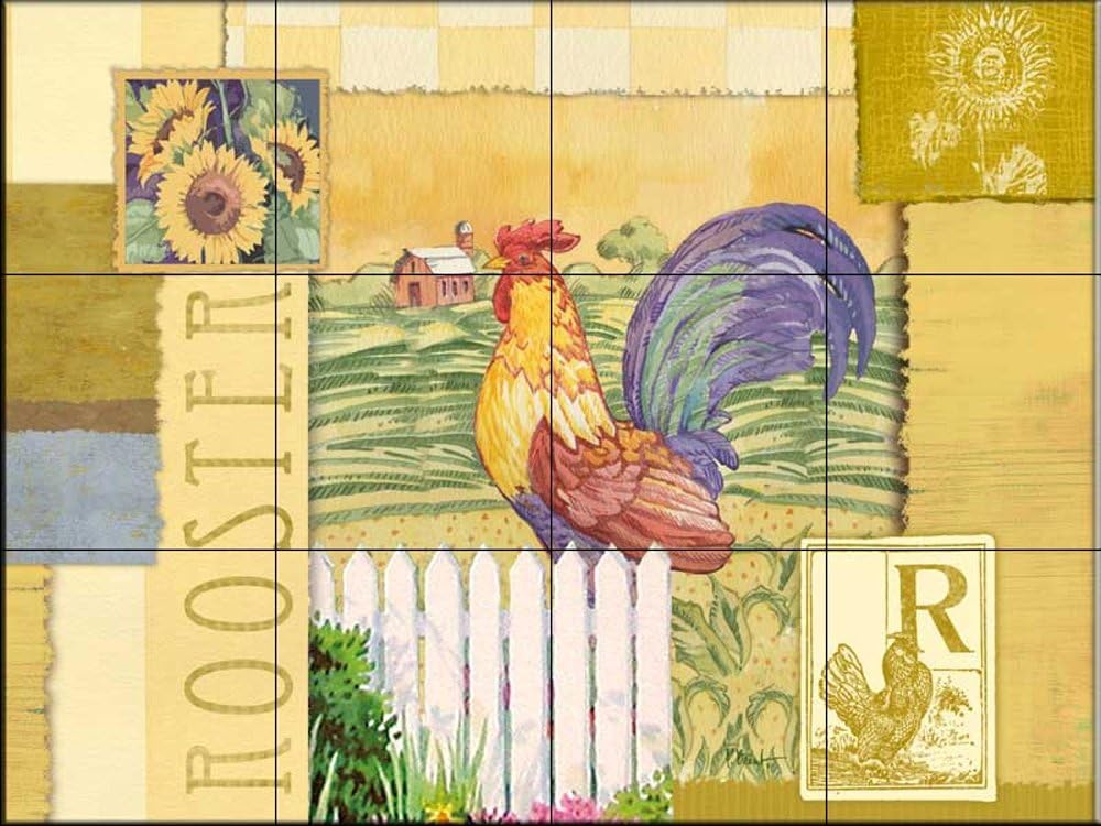 Ceramic Tile Mural - Rooster Collage - by Paul Brent - Kitchen splashback / Bathroom shower