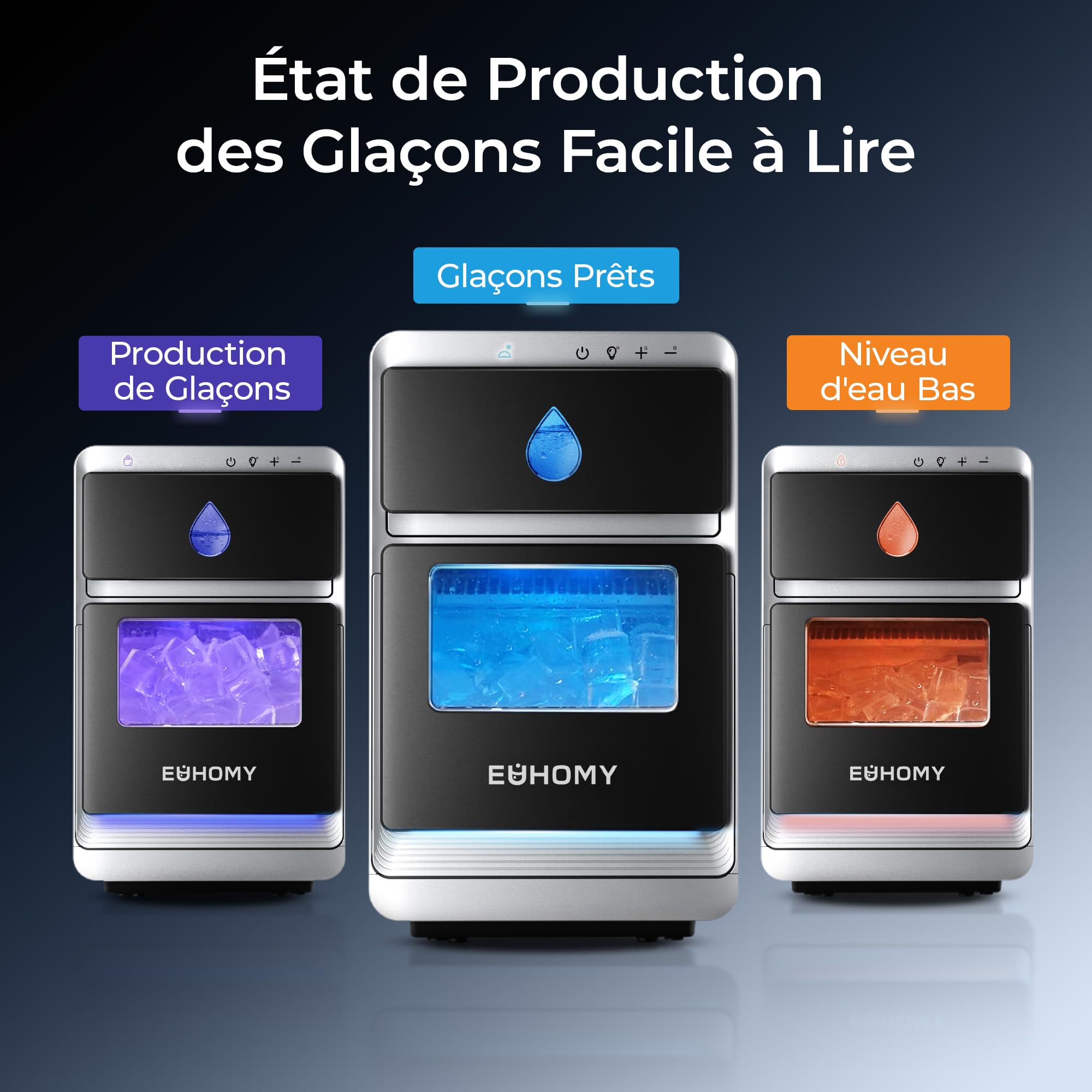 EUHOMY LunaArc Crescent Machine à Glaçons Portable avec Croissant de Cristal 1600 Pièces/Jour Prêt en 12 Minutes Nettoyage Automatique en Profondeur Machine à Glaçons pour Whiskey/Café/Boissons