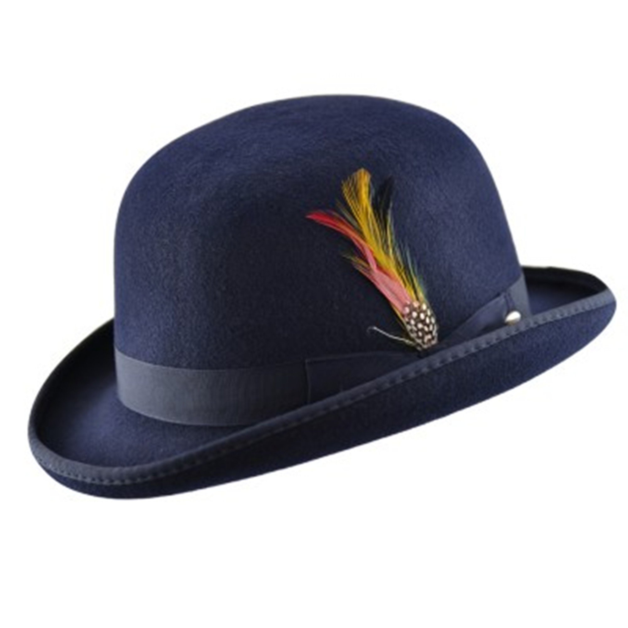 MAZ Unisex Hard Top Wool Bowler Hat With Feather Satin Lined Sizes S to XL