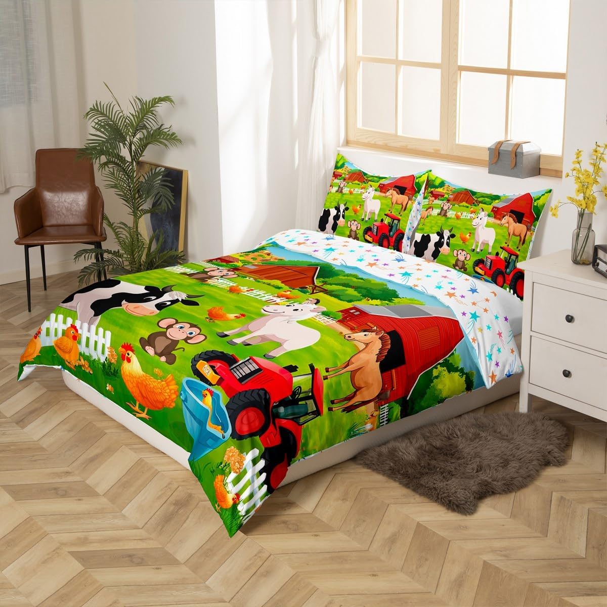 Feelyou Kids Bedding Set Cartoon Farmhouse Duvet Cover Set Cute Farm Animal Boys Girls Toddler Comforter Cover Country Style Quilt Cover with 1 Pillowcase Twin Size