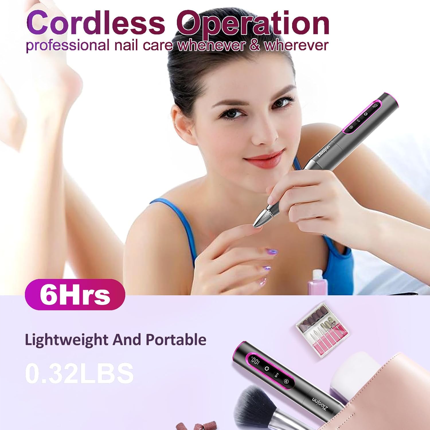 Professional Cordless Nail Drill Kit,Alloy Electric Nail File for Acrylic Nails Gel Polishing Callus Remover,30,000RPM with LED Display Rechargeable Quiet Manicure Pedicure Kit for DIY,Home Salon Use