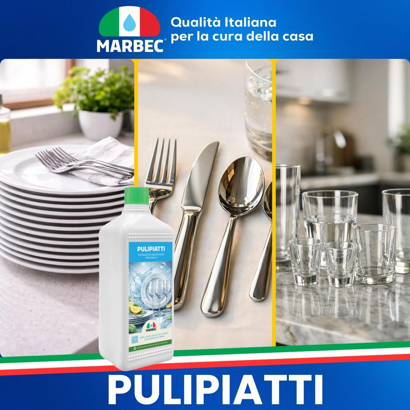 MARBEC PULIPIATTI 5LTx4UDS Detergente para platos concentrado, desengrasante eficaz en agua fría, enjuague rápido, fragancia de limón.