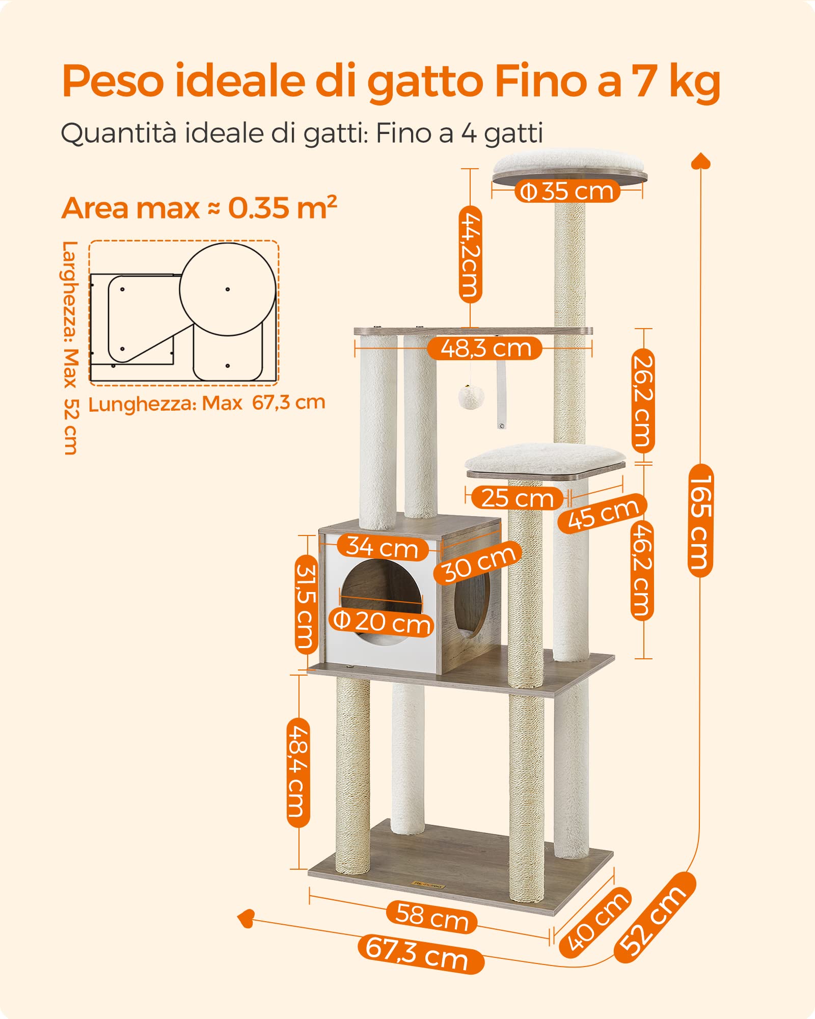 Feandrea Albero per Gatti, 165 cm, Tiragraffi Moderno con 9 Graffiatoi