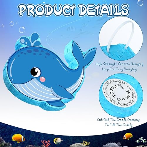 Miniatura 6 de Suministros para fiesta de cumpleaños de ballena, piñata de ballena azul con una venda y murciélago debajo del mar, decoraciones de fiesta de