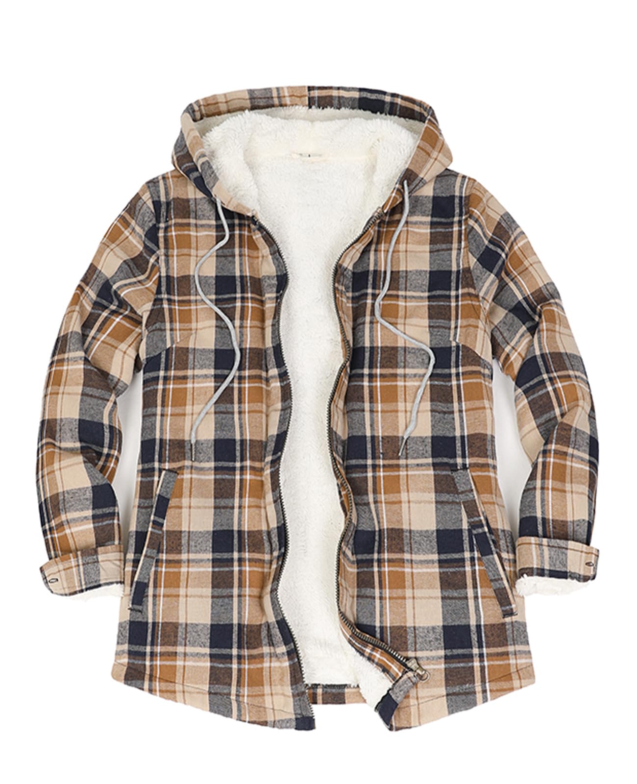 ZENTHACE Giacca invernale da donna in flanella foderata in sherpa con zip intera, con cappuccio e tasche laterali