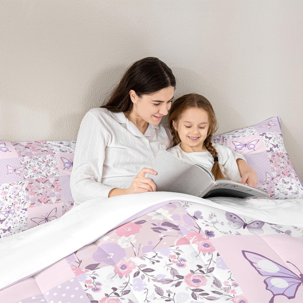 Feelyou Girls Purple Butterfly Bedding Set Soft for Boys Girls, Lilac Patchwork Comforter Set Twin Size Garden Floral Duvet Quilt Microfiber Cute Flower Bedroom Decor 2 Pcs with 1 Pillow Cases