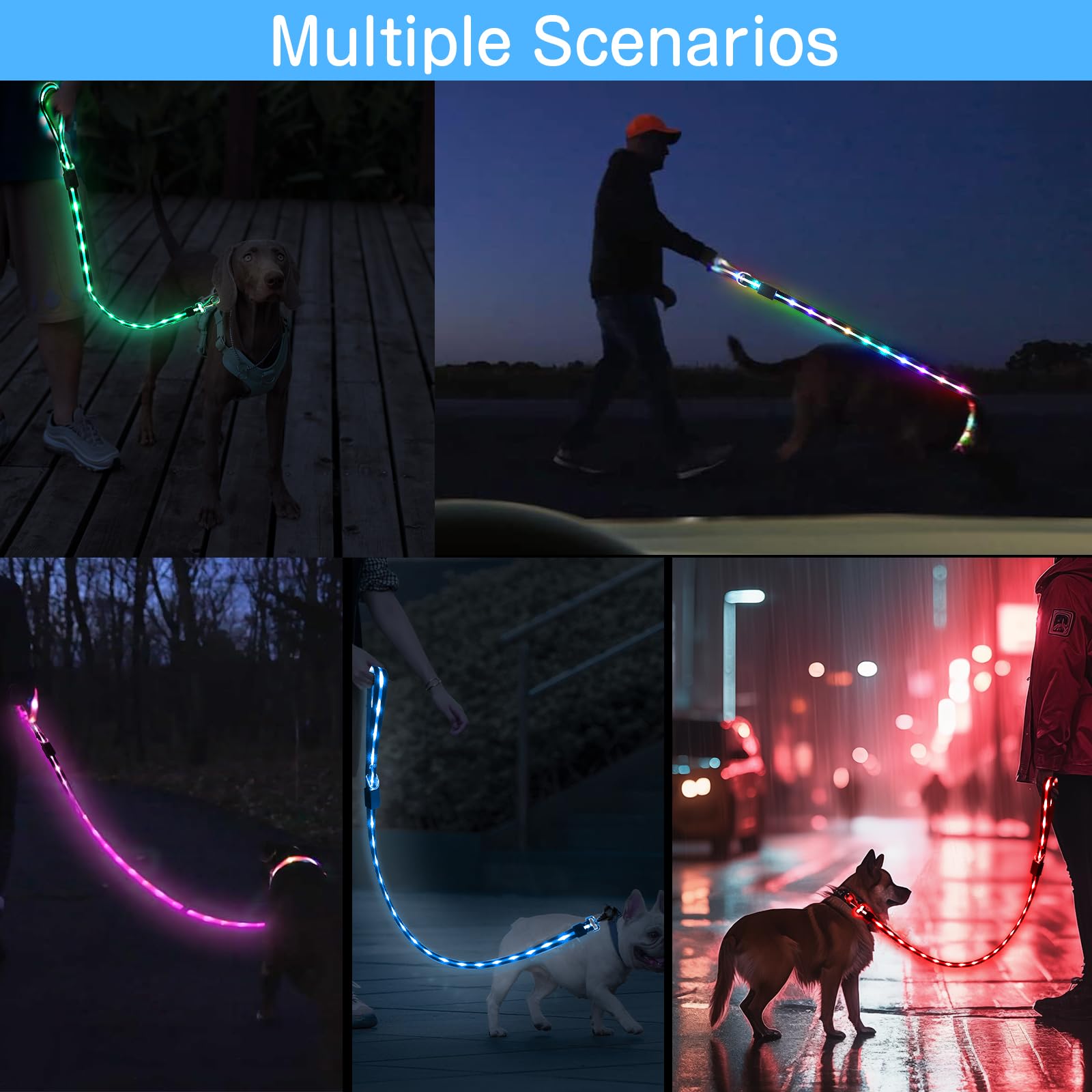Correa LED para perro: 12 modos de iluminación, recargable, correa de perro iluminada de 4 pies para caminar por la noche, seguridad que brilla en la oscuridad, correa de silicona para perros