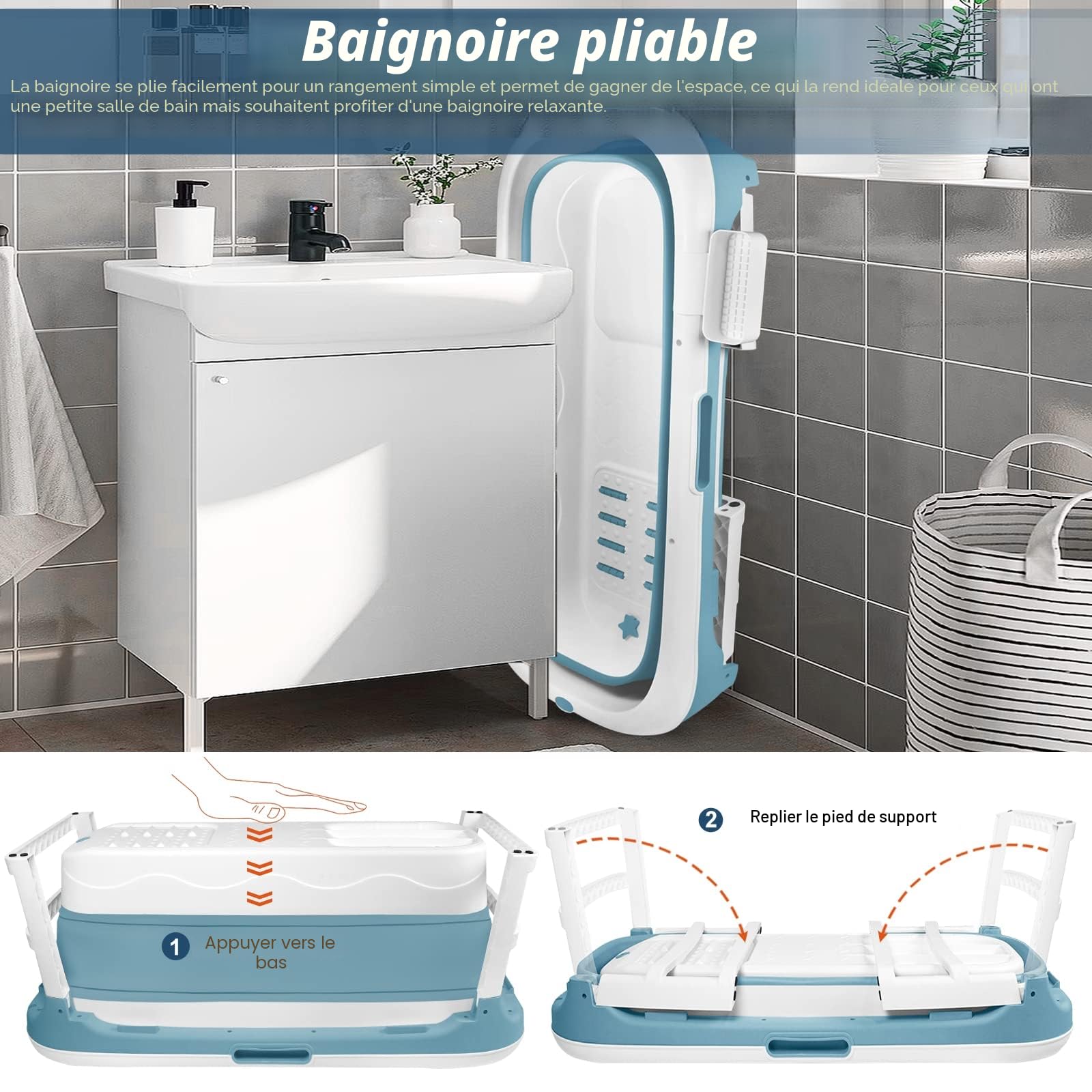 HENGMEI Baignoire pliable adulte XL Mobile Baignoire Portable Avec Couverture Rouleaux de Massage et Tablette de Bain, Bleu (128 x 62 x 52 cm)