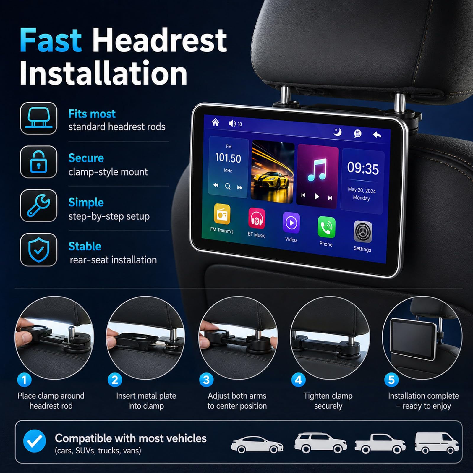 Monitor de Reposacabezas de Coche con Carplay Inalámbrico para Asiento Trasero, Pantalla Táctil IPS 10.1", Compatible con Apps de Películas, HDMI, USB, Multilingüe A