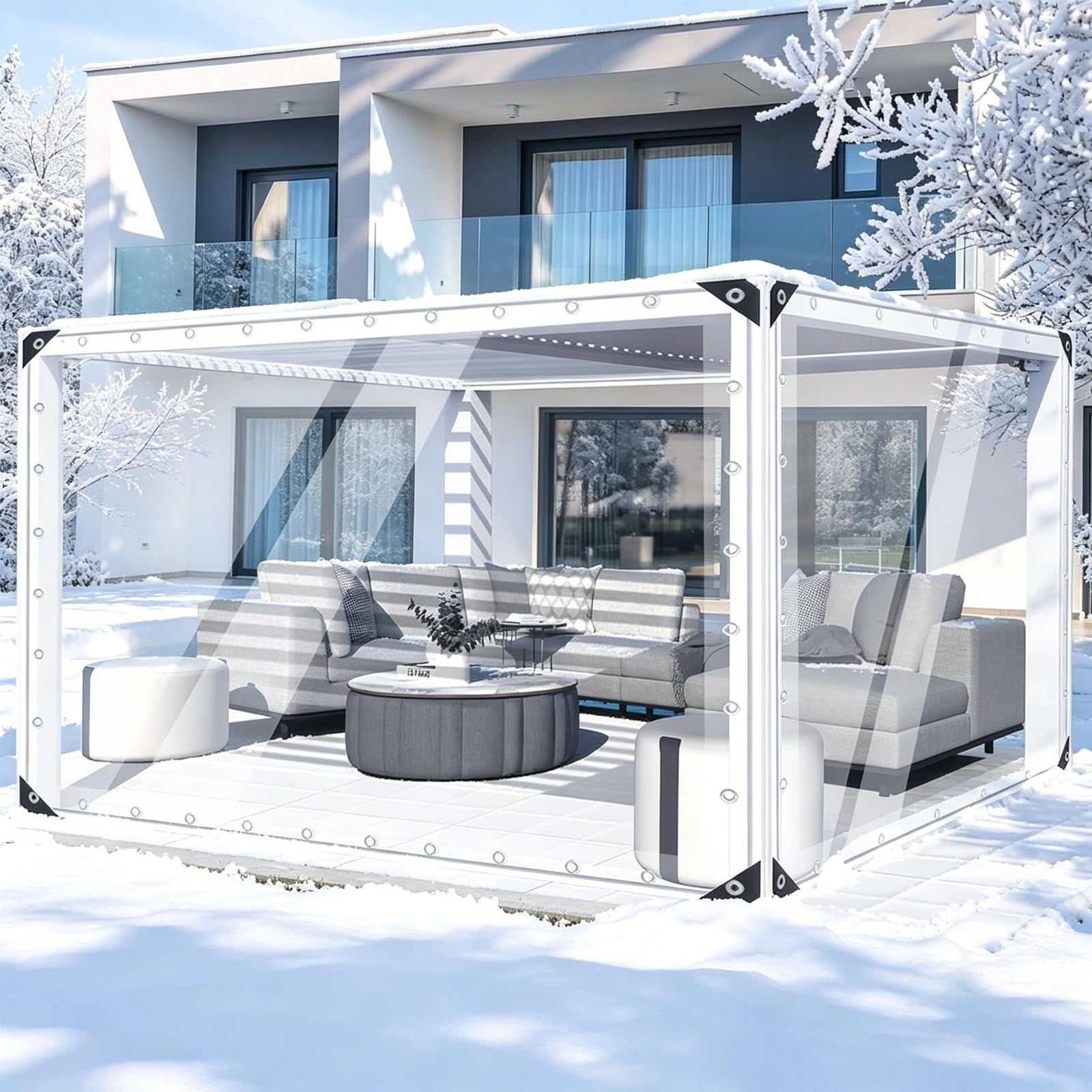 Bâche en PVC imperméable de 14 mm avec œillets antirouille et cordons élastiques – Bâche en PVC transparente idéale pour cour, porche, pavil, abri de jardin