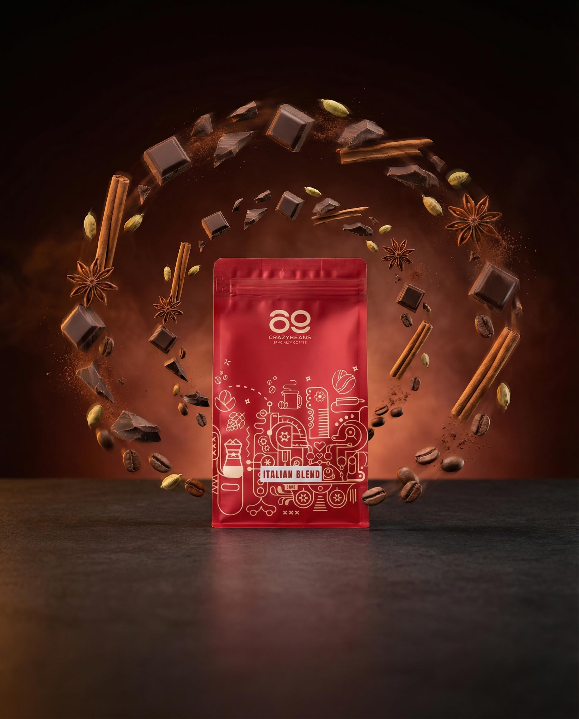 Cafe de Especialidad en grano Italian Blend | 80% Arábica / 20% Robusta | Colombia & India | Perfil Intenso con Notas de Chocolate Negro, Especias y Malta Tostada | Specialty coffee | 500g